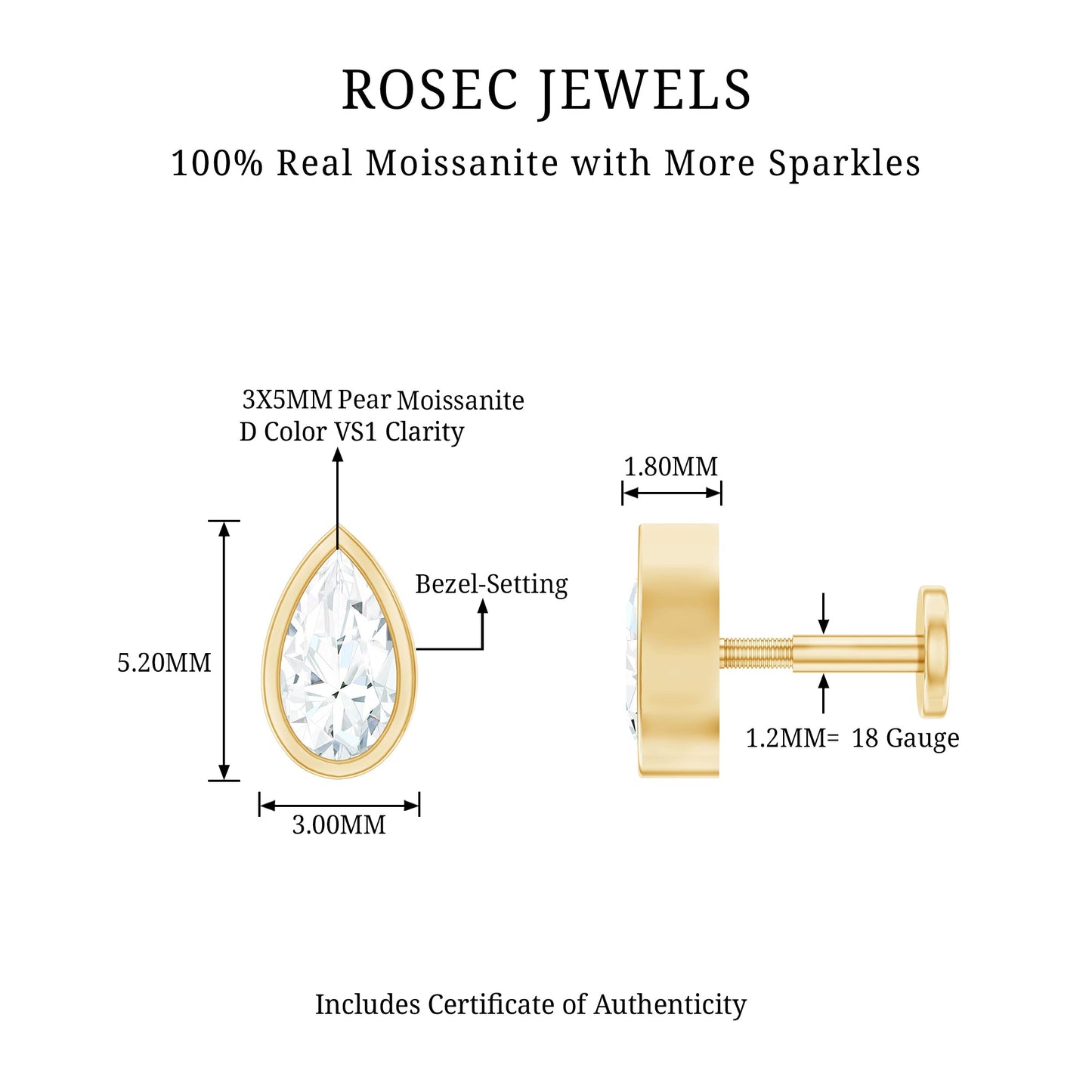 Bezel Set Moissanite Teardrop Stud Earring for Cartilage Piercing