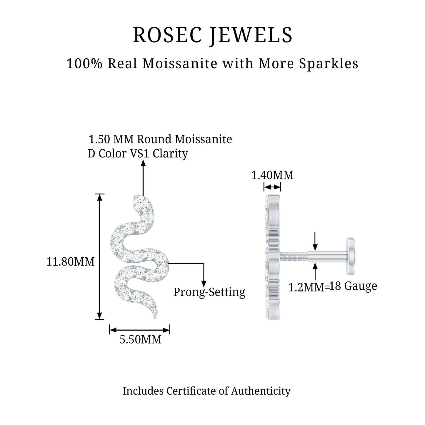 Unique Moissanite Snake Crawler Cartilage Earring