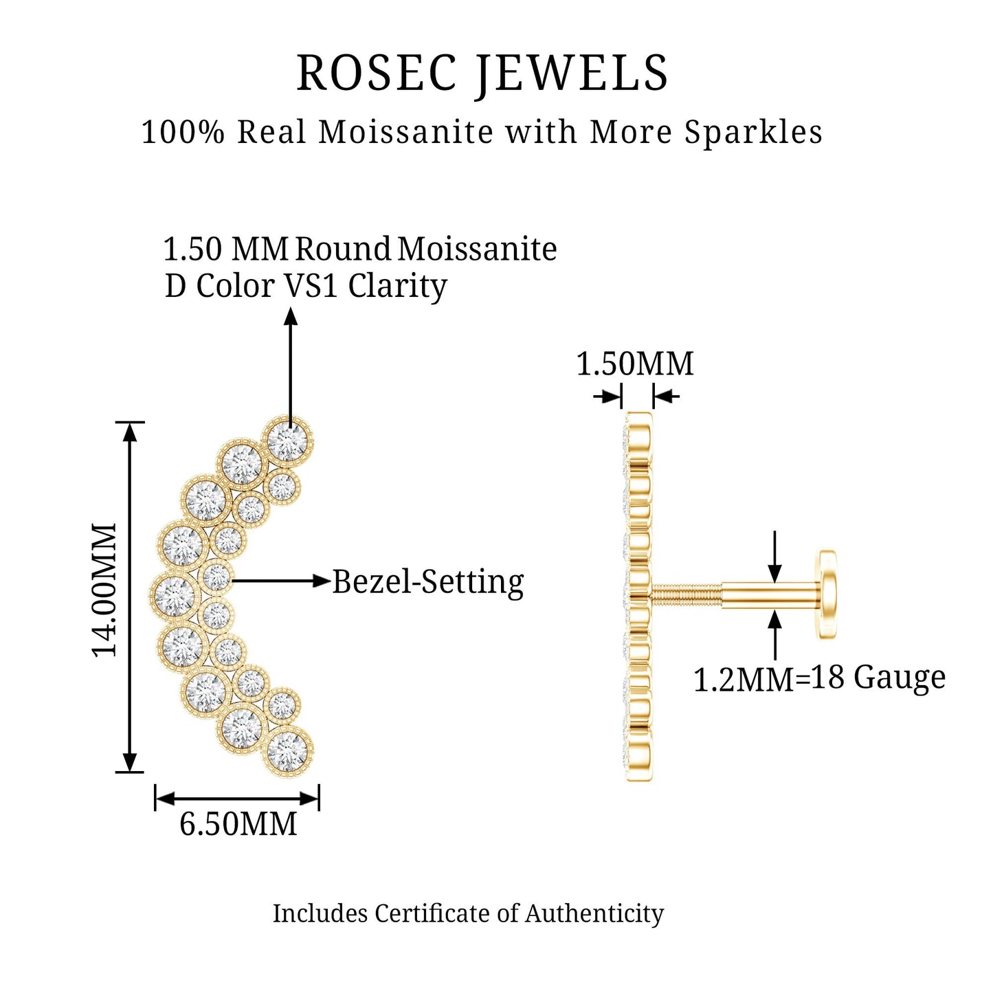 Moissanite Curved Helix Earring in Milgrain Bezel Setting