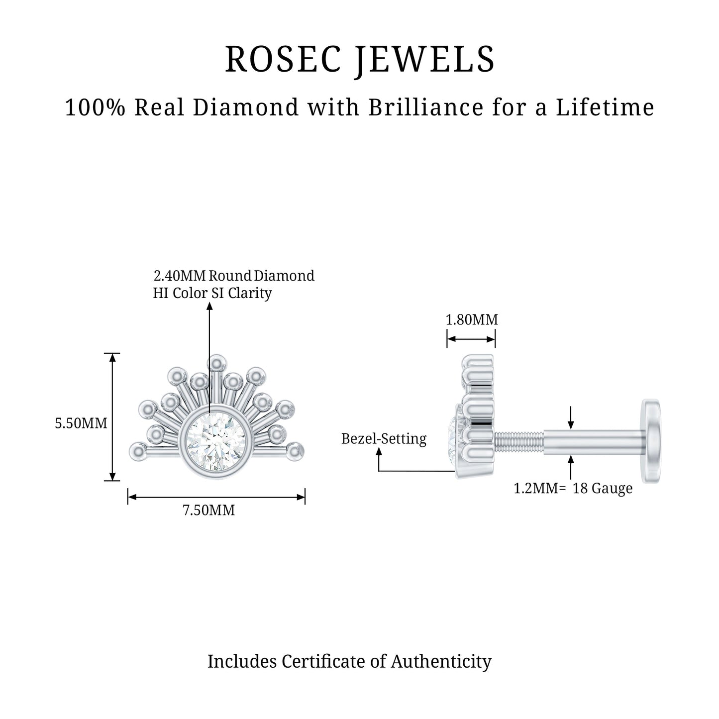 Bezel Set Diamond Sunburst Earring for Helix Piercing