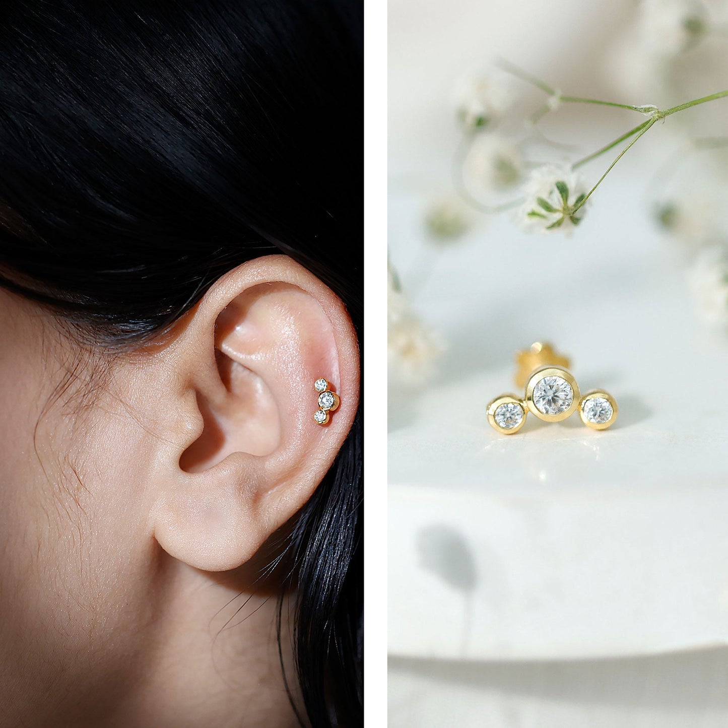 Certified Moissanite Three Stone Crawler Helix Earring