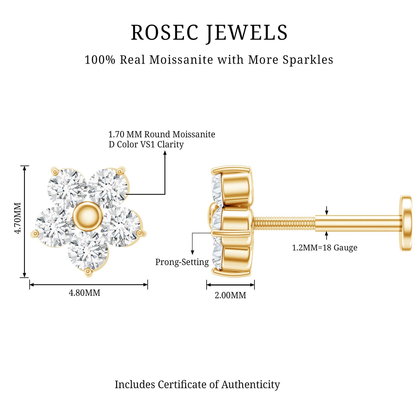 Certified Round Moissanite Flower Earring for Conch Piercing