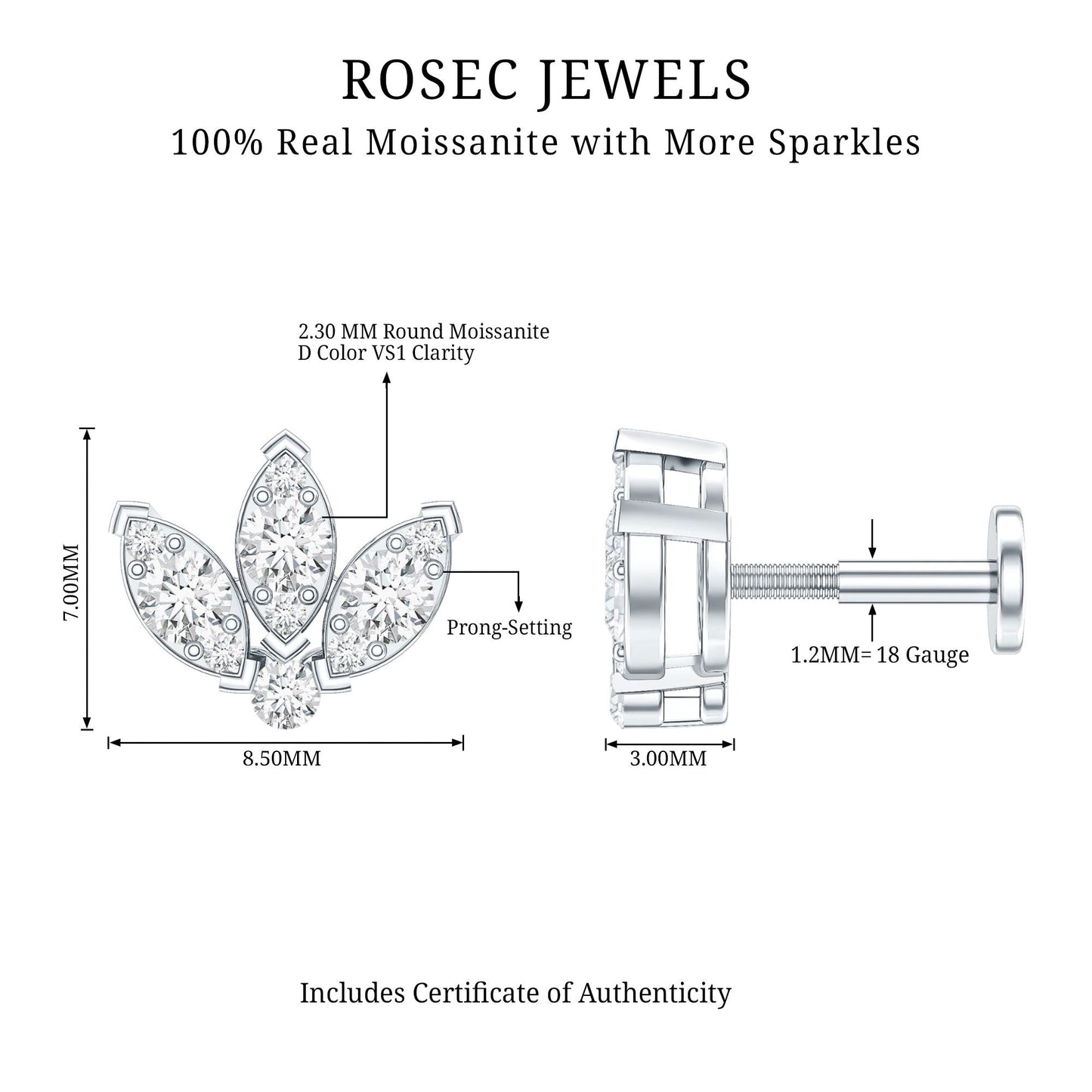 Certified Moissanite Lotus Earring for Cartilage Piercing
