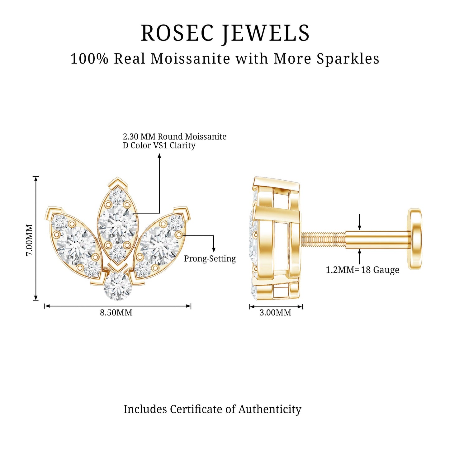 Certified Moissanite Lotus Earring for Cartilage Piercing