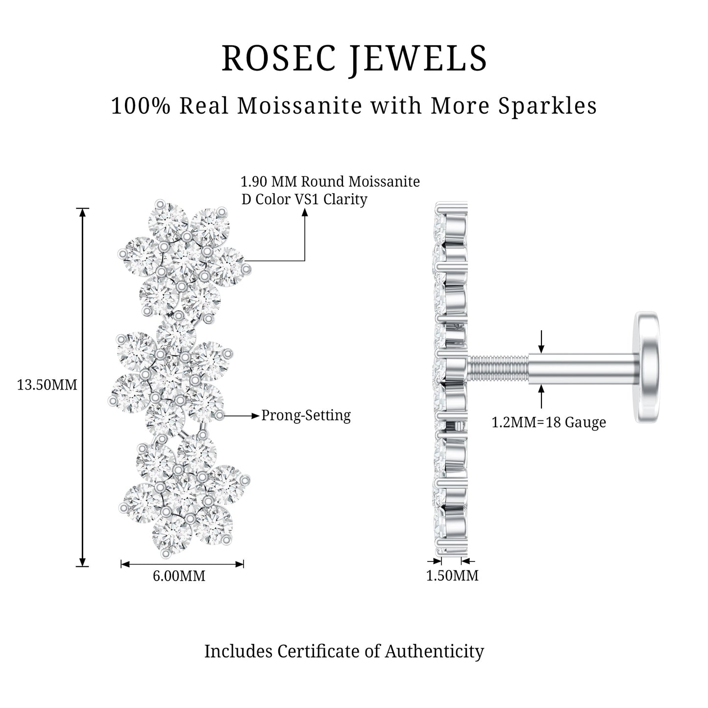 Certified Moissanite Flower Ear Crawler Earring for Women