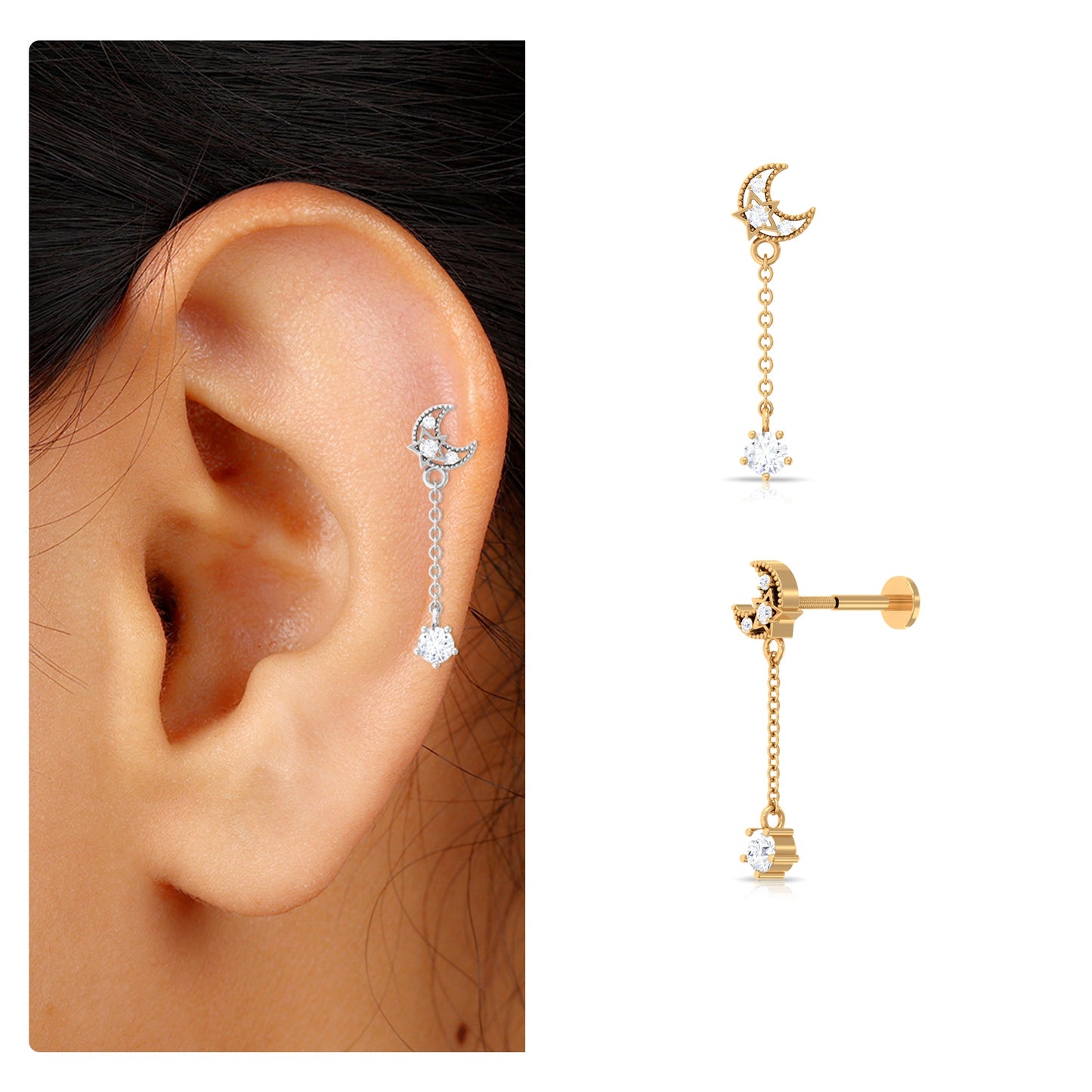 Moissanite Celestial Chain Drop Earring for Helix Piercing
