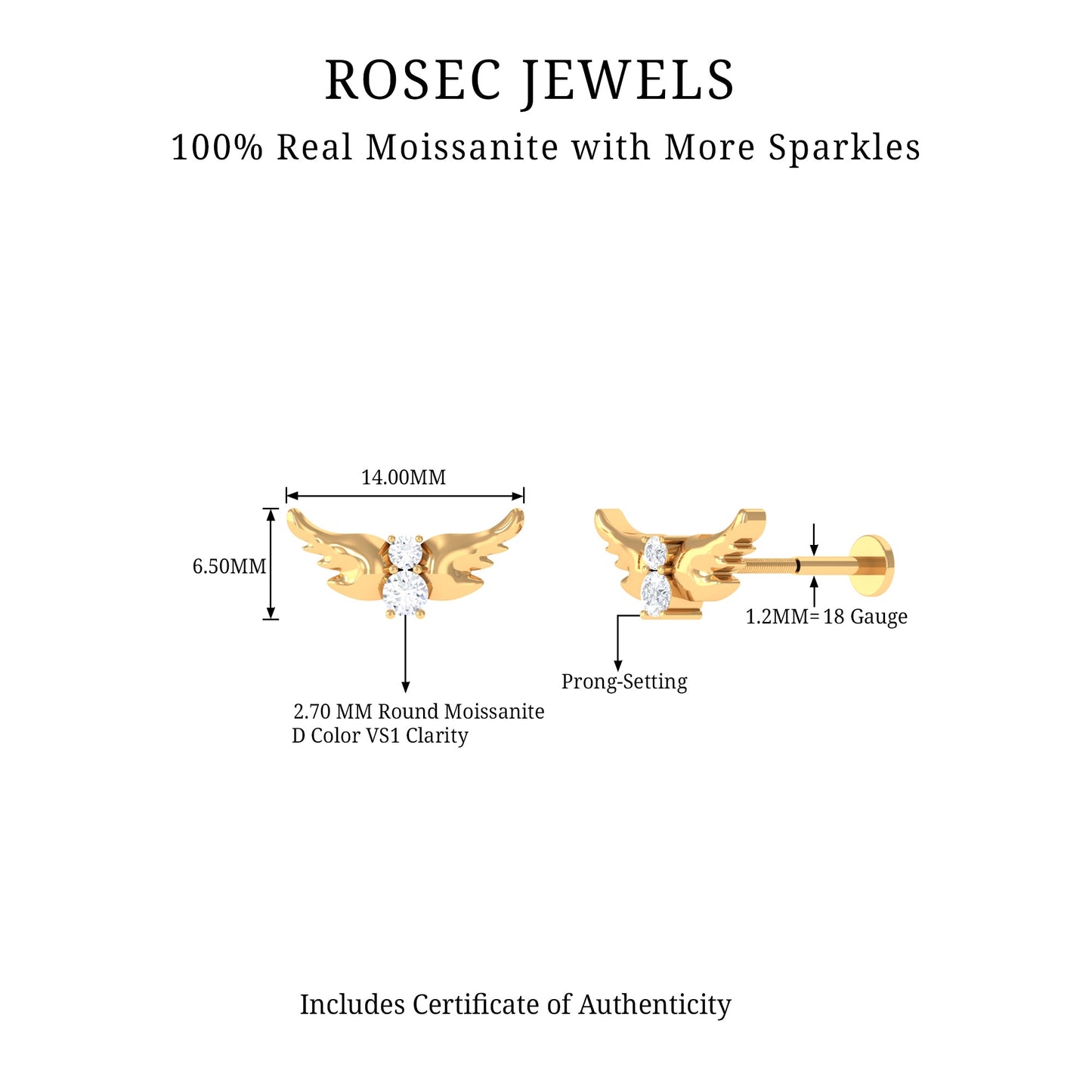 Round Moissanite Bat Earring for Cartilage Piercing
