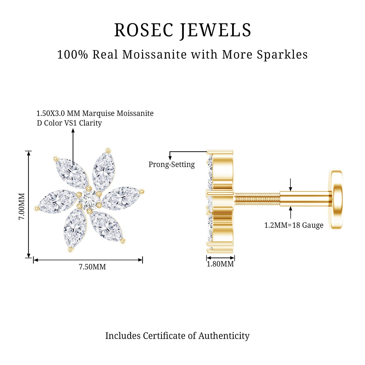 Marquise Moissanite Flower Earring for Cartilage Piercing
