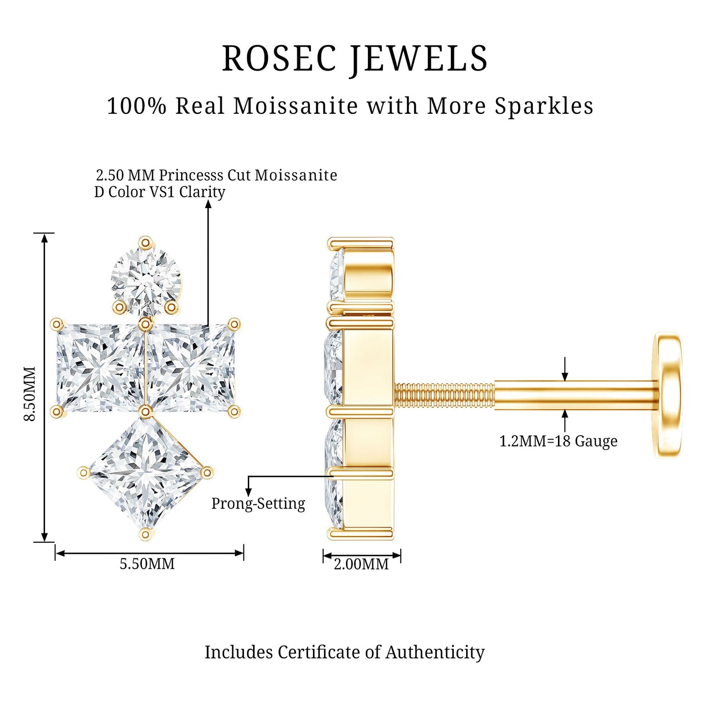 Round and Princess Cut Moissanite Cluster Helix Earring