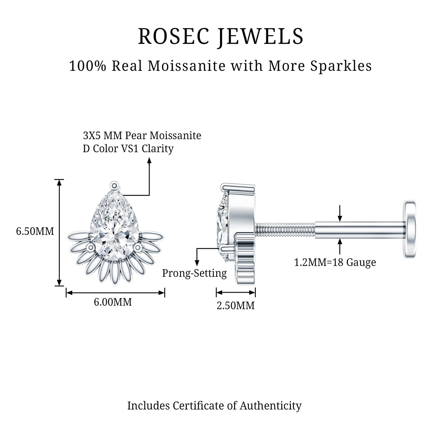 Pear Shape Moissanite Unique Cartilage Earring