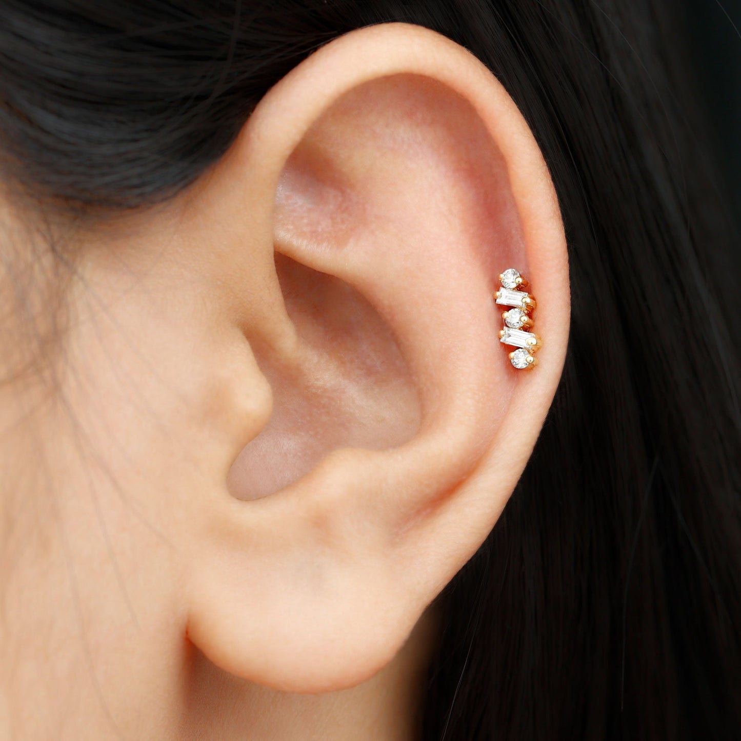 Baguette and Round Moissanite Ear Crawler Earring