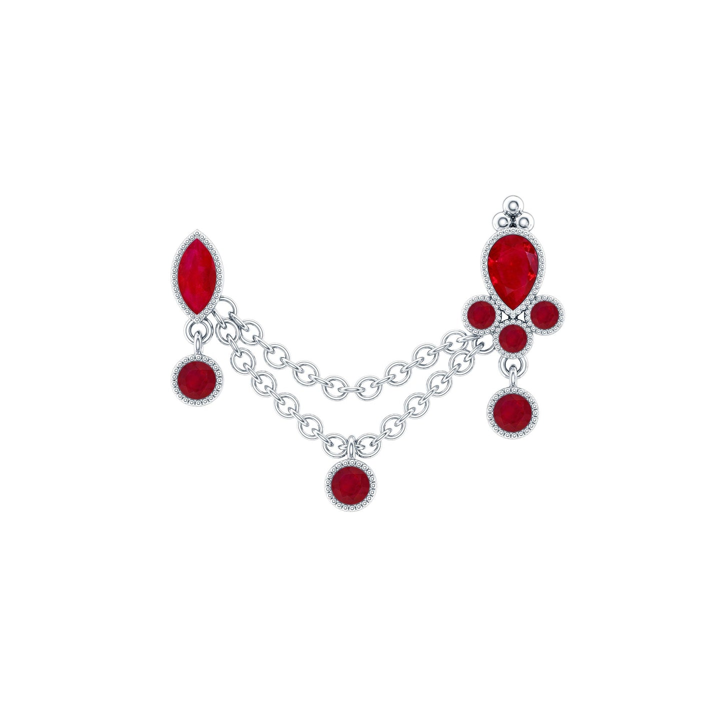 Natural Ruby Double Piercing Earring with Dangling Chain