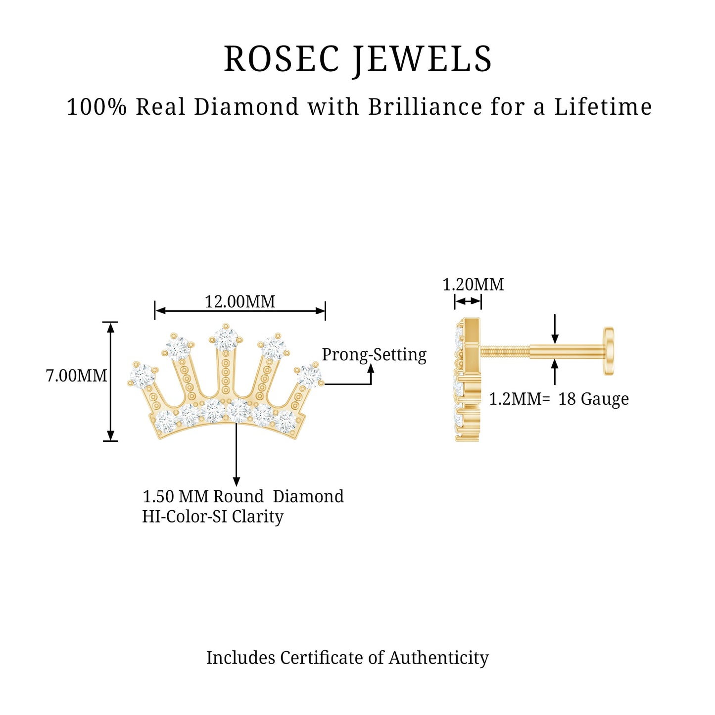 Certified Diamond Crown Earring for Helix Piercing