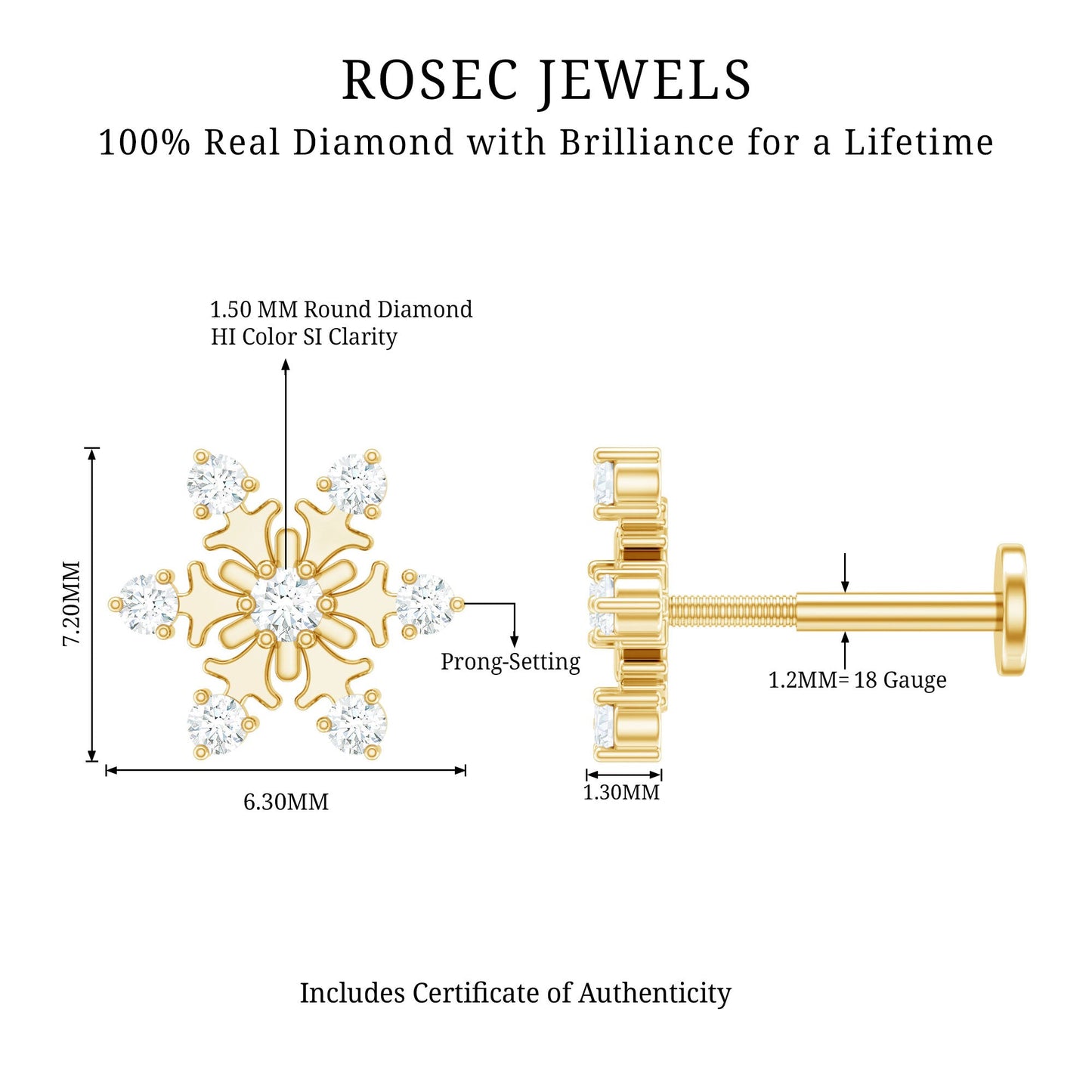 Diamond Snowflake Earring for Upper Lobe Piercing