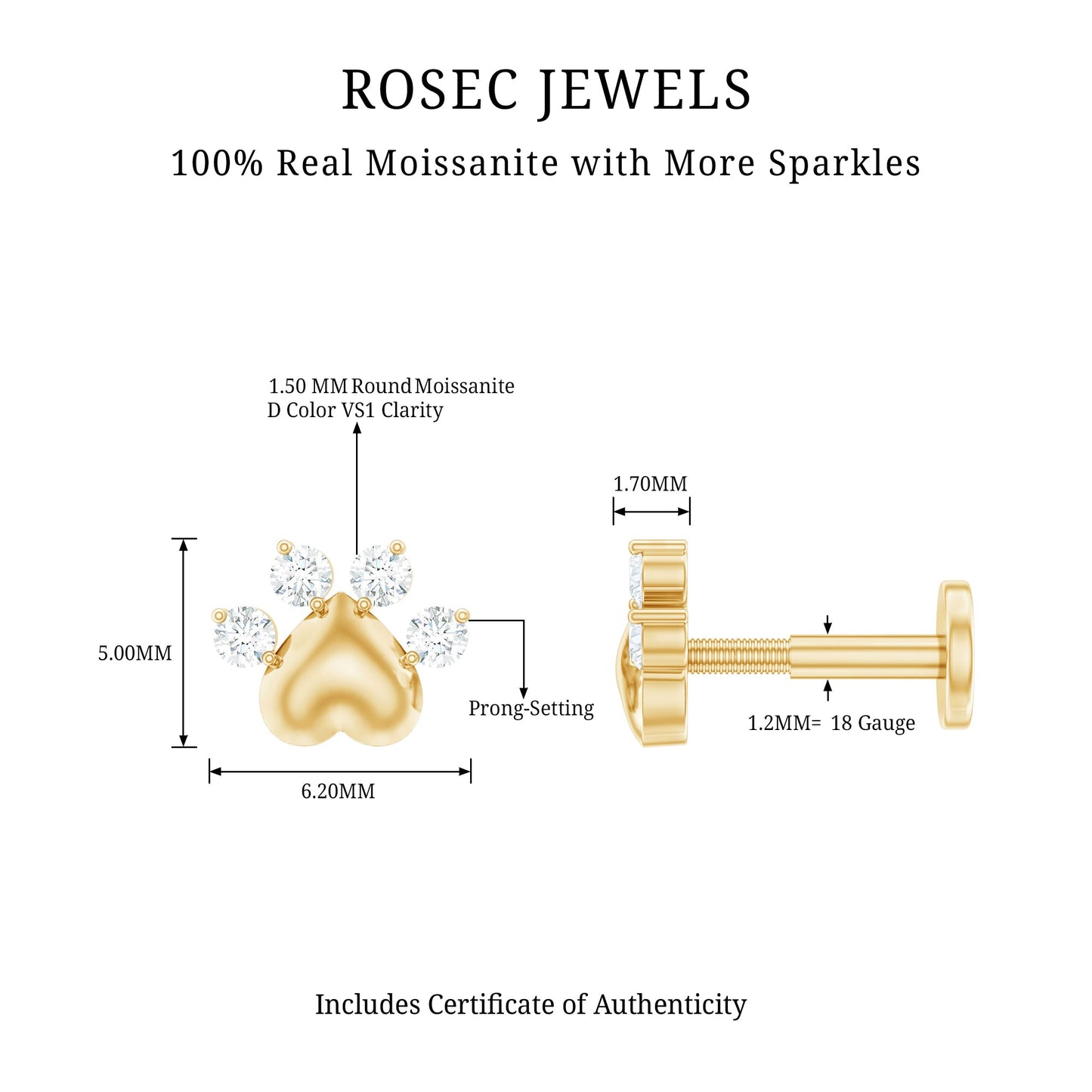 Round Moissanite Heart Paw Earring for Helix Piercing