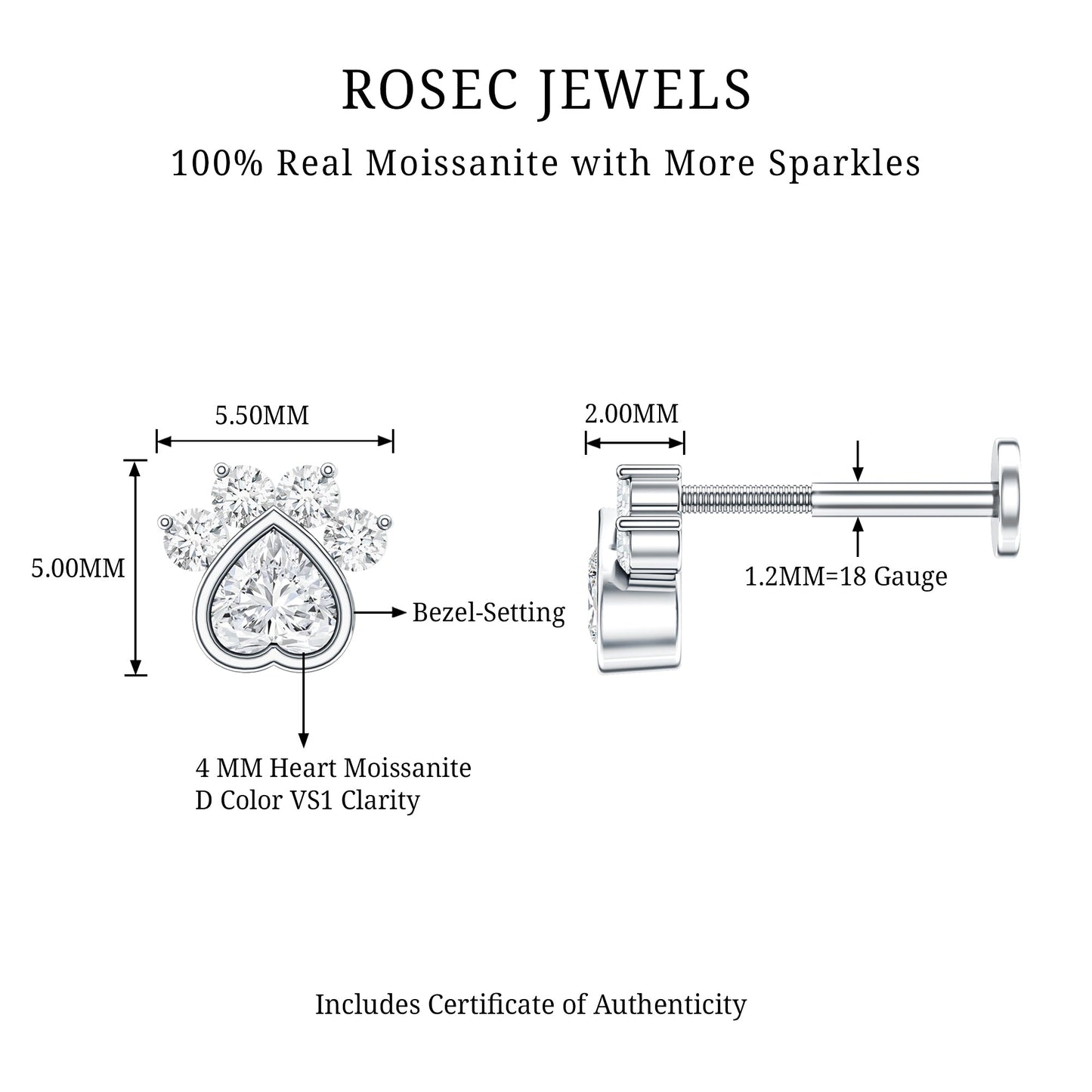Round and Heart Shape Moissanite Paw Helix Earring