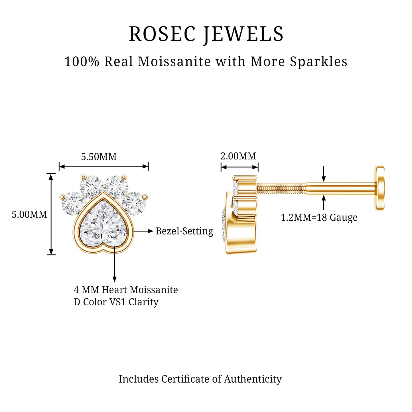 Round and Heart Shape Moissanite Paw Helix Earring