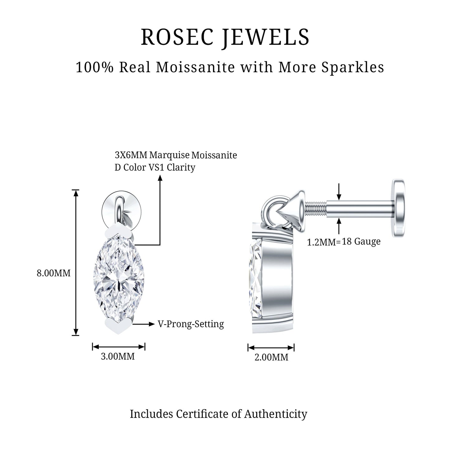 Marquise Moissanite Drop Earring for Tragus Piercing