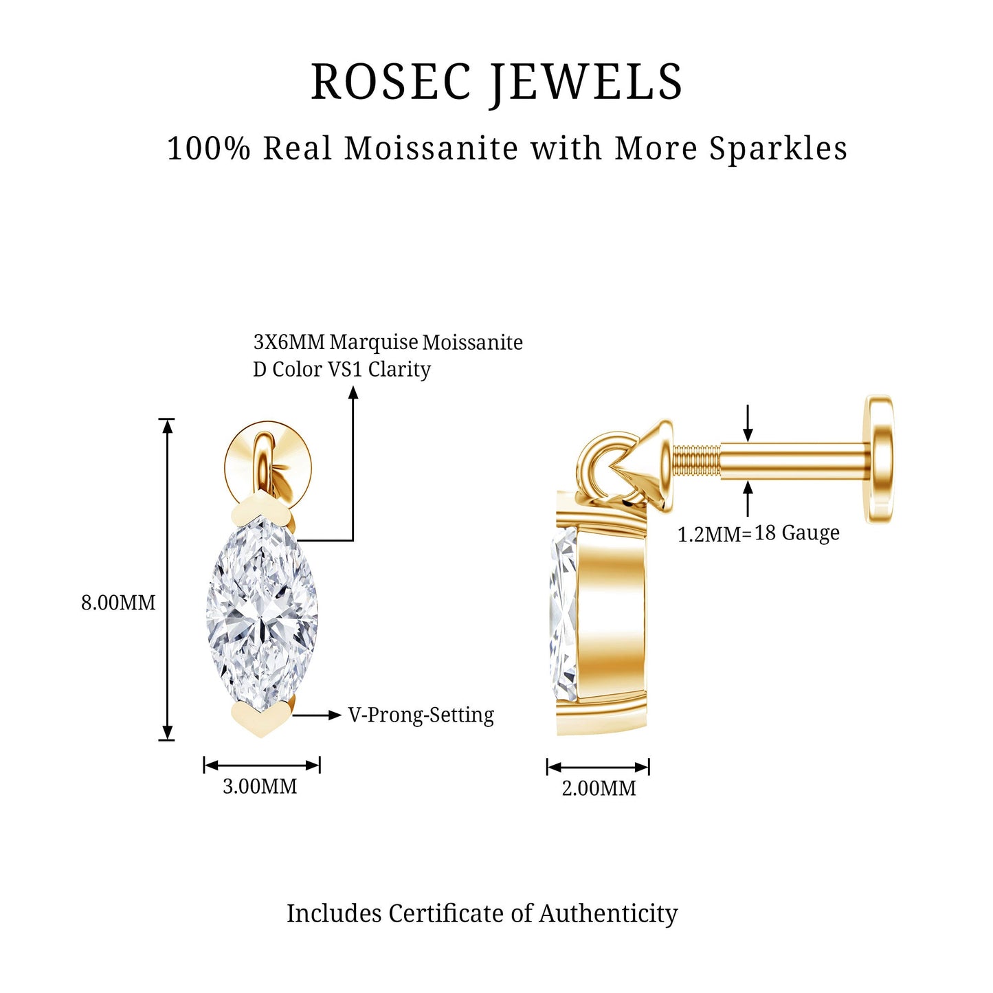 Marquise Moissanite Drop Earring for Tragus Piercing