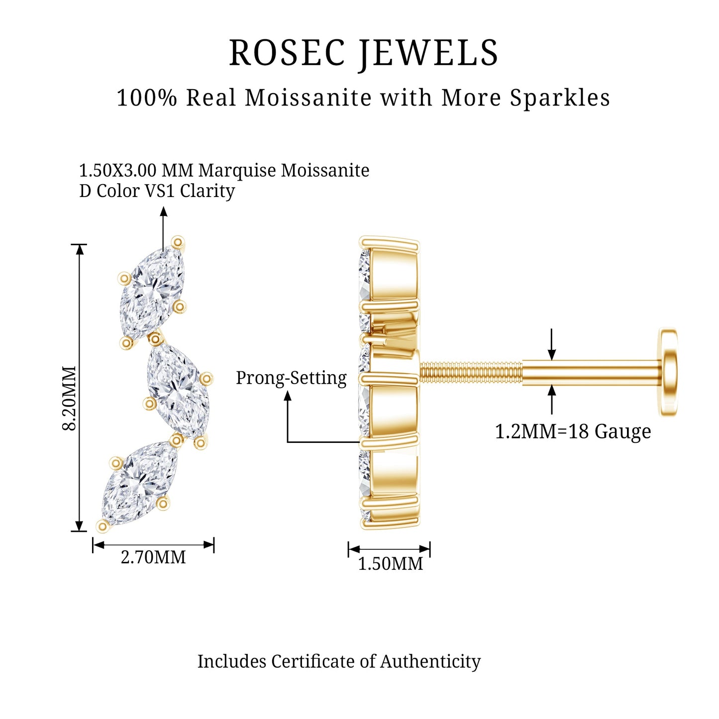 Marquise Cut Moissanite 3 Stone Tragus Earring