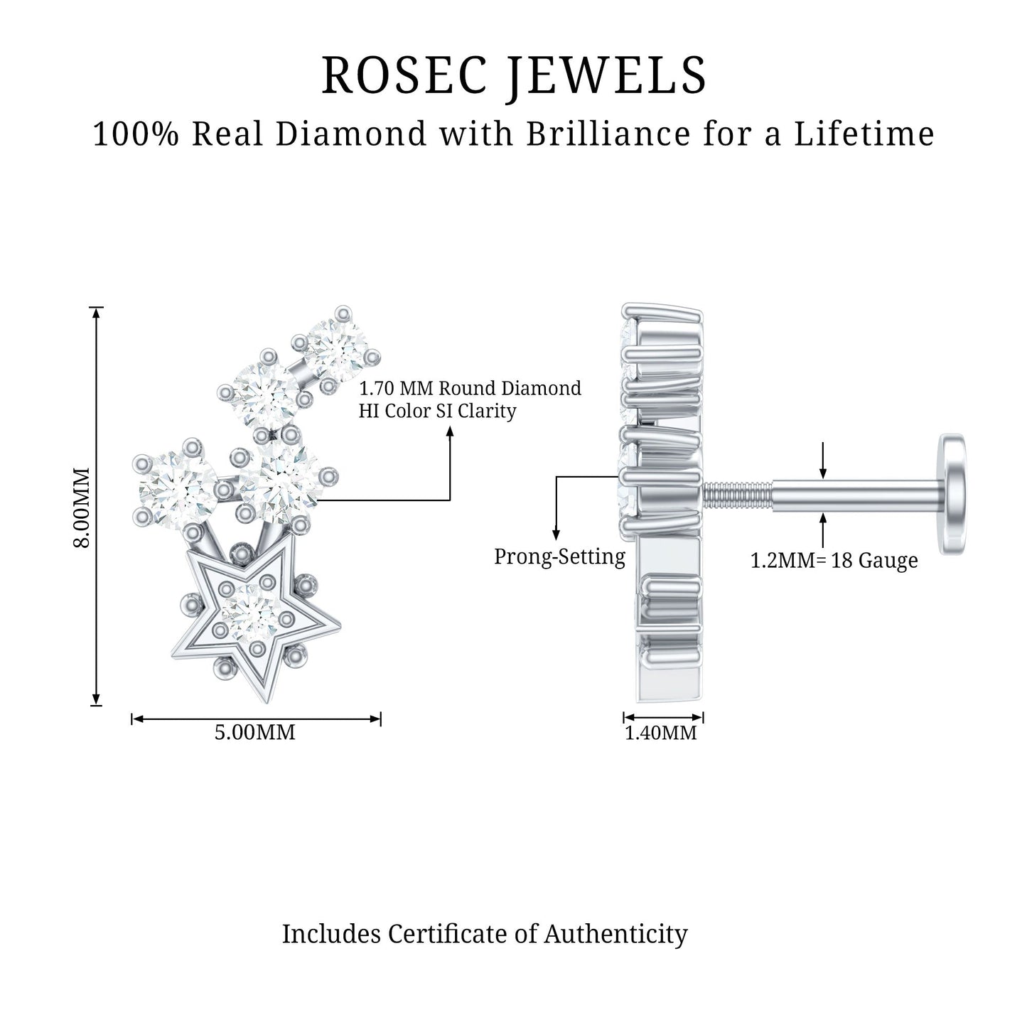 Natural Diamond Star Crawler Earring for Helix Piercing