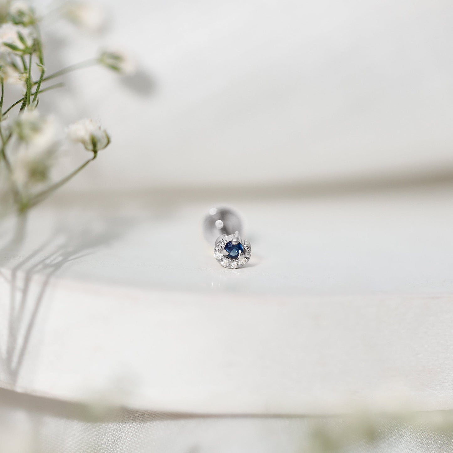 Dainty Blue Sapphire and Diamond Moon Helix Earring