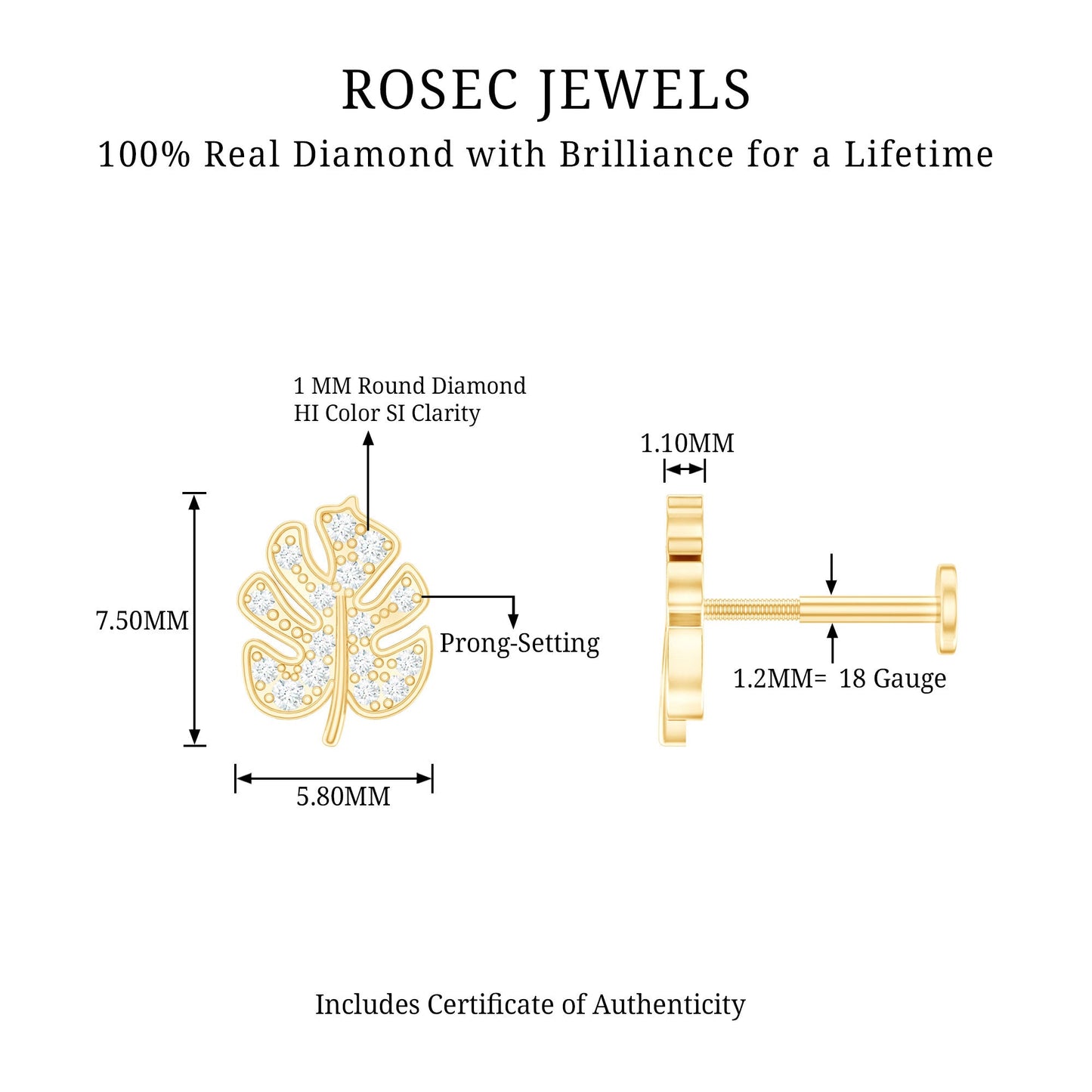 Diamond Leaf Earring for Cartilage Piercing