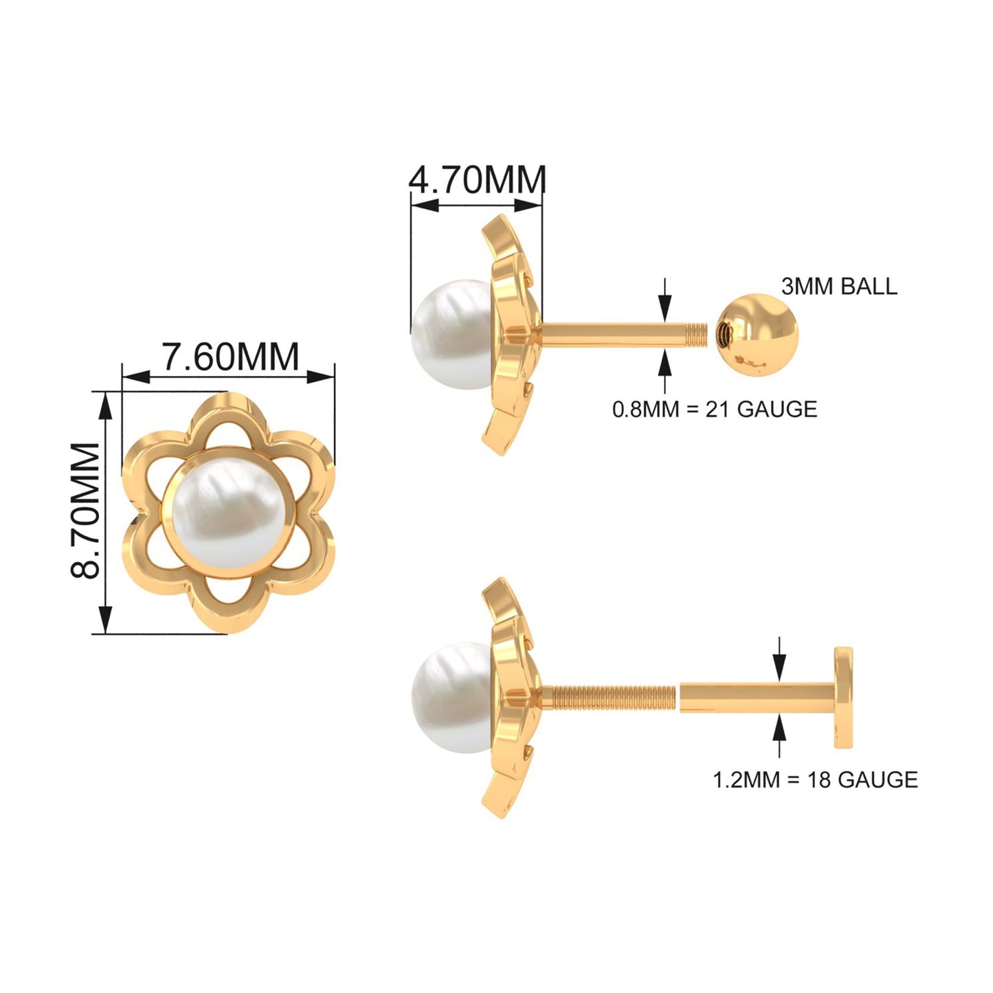 Freshwater Pearl Flower Earring for Upper Lobe Piercing