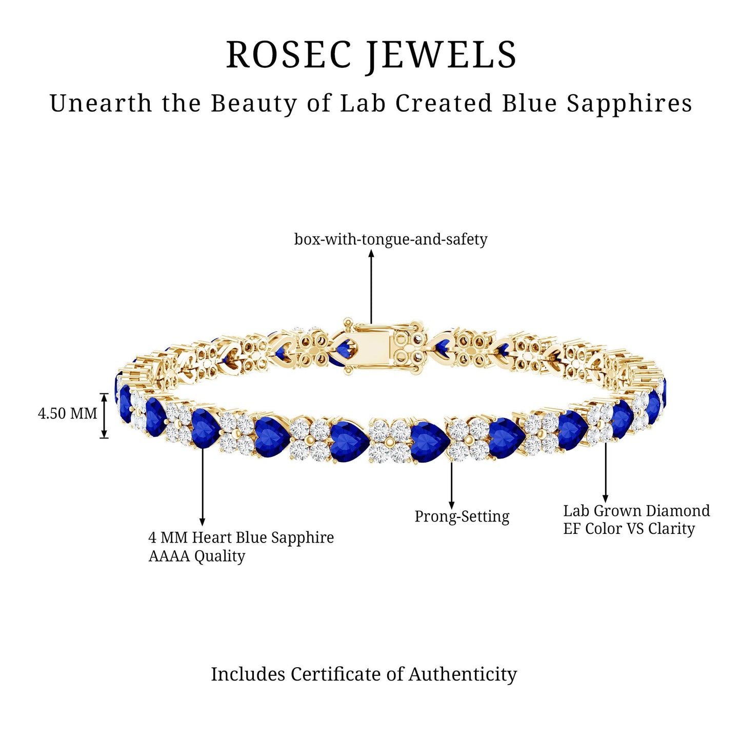 Heart Shape Lab Grown Blue Sapphire and Diamond Tennis Bracelet