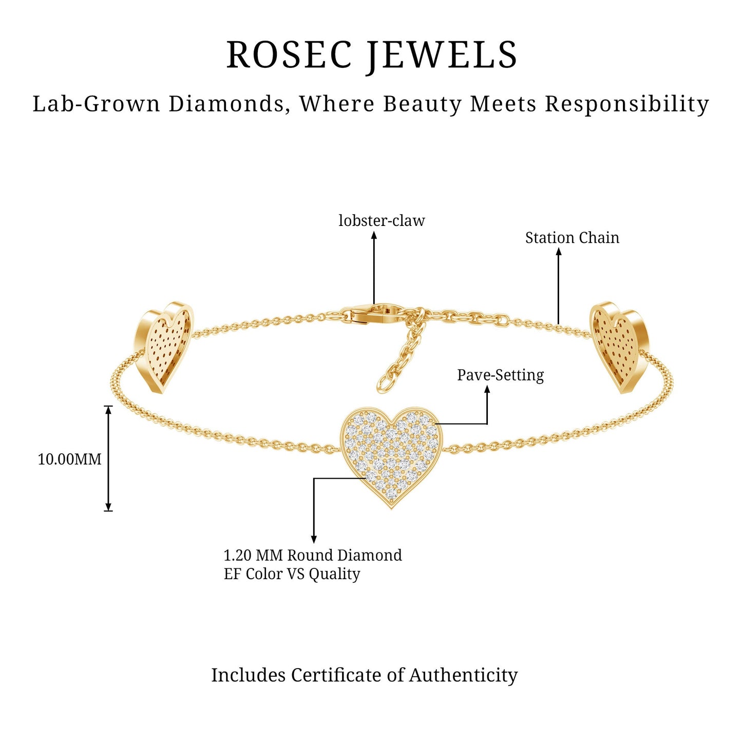 Pave Set Lab Grown Diamond Heart Bracelet for Women