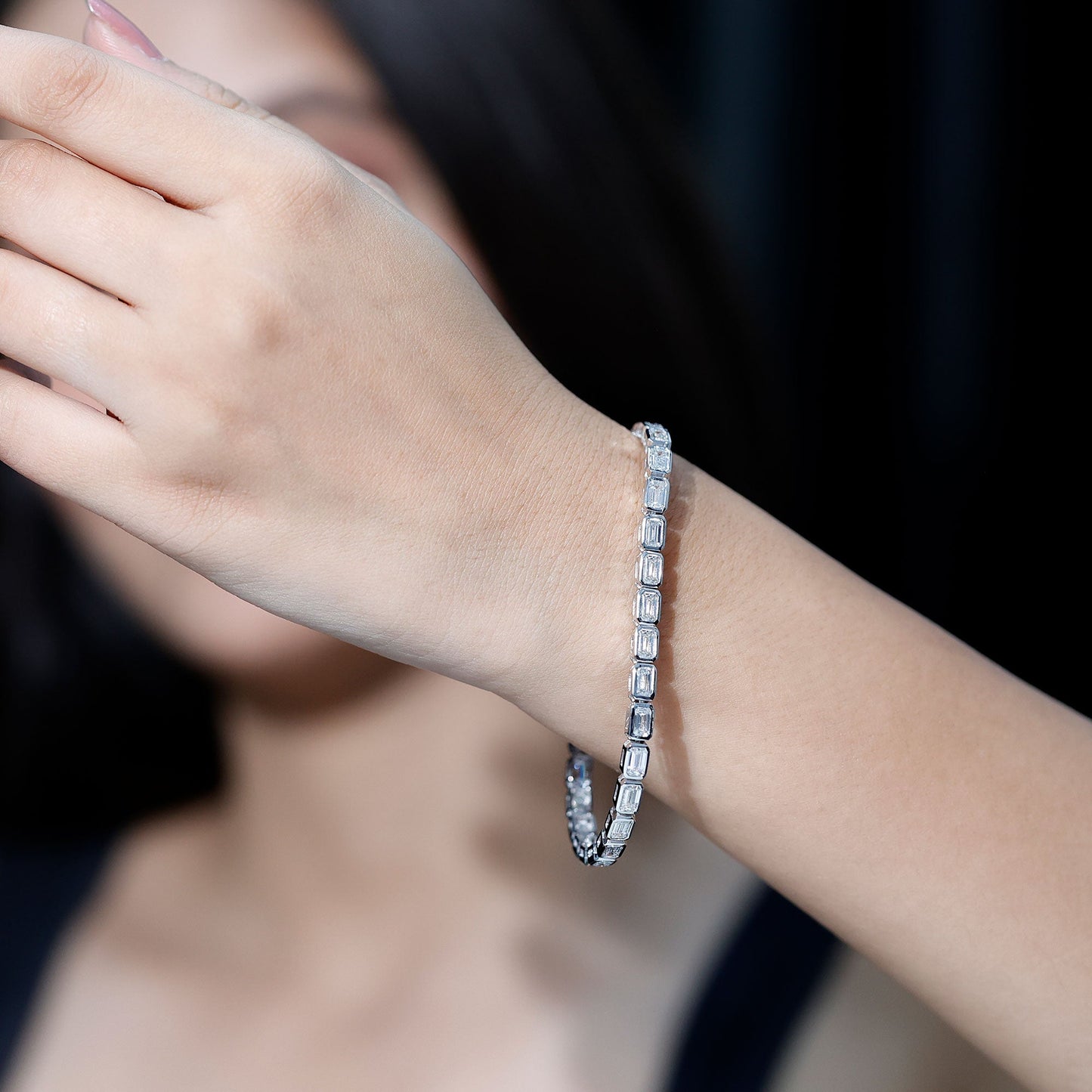 Emerald Cut Lab Grown Diamond Tennis Bracelet in Bezel Setting