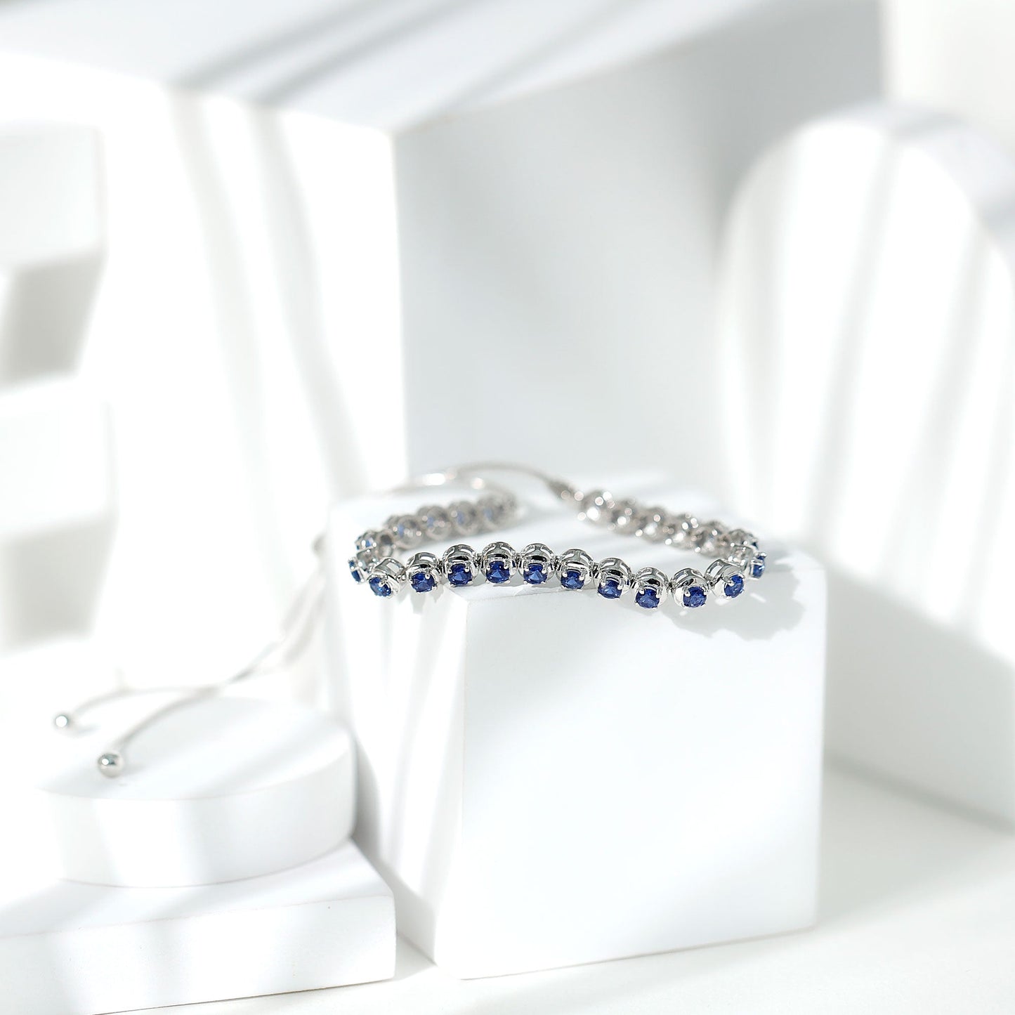 Lab Grown Blue Sapphire Tennis Bolo Bracelet with Rope Chain