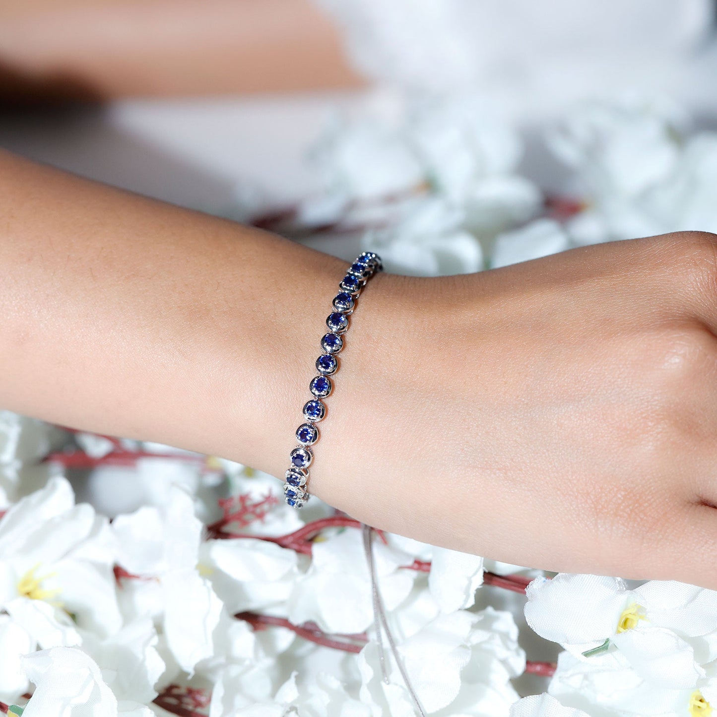 Lab Grown Blue Sapphire Tennis Bolo Bracelet with Rope Chain