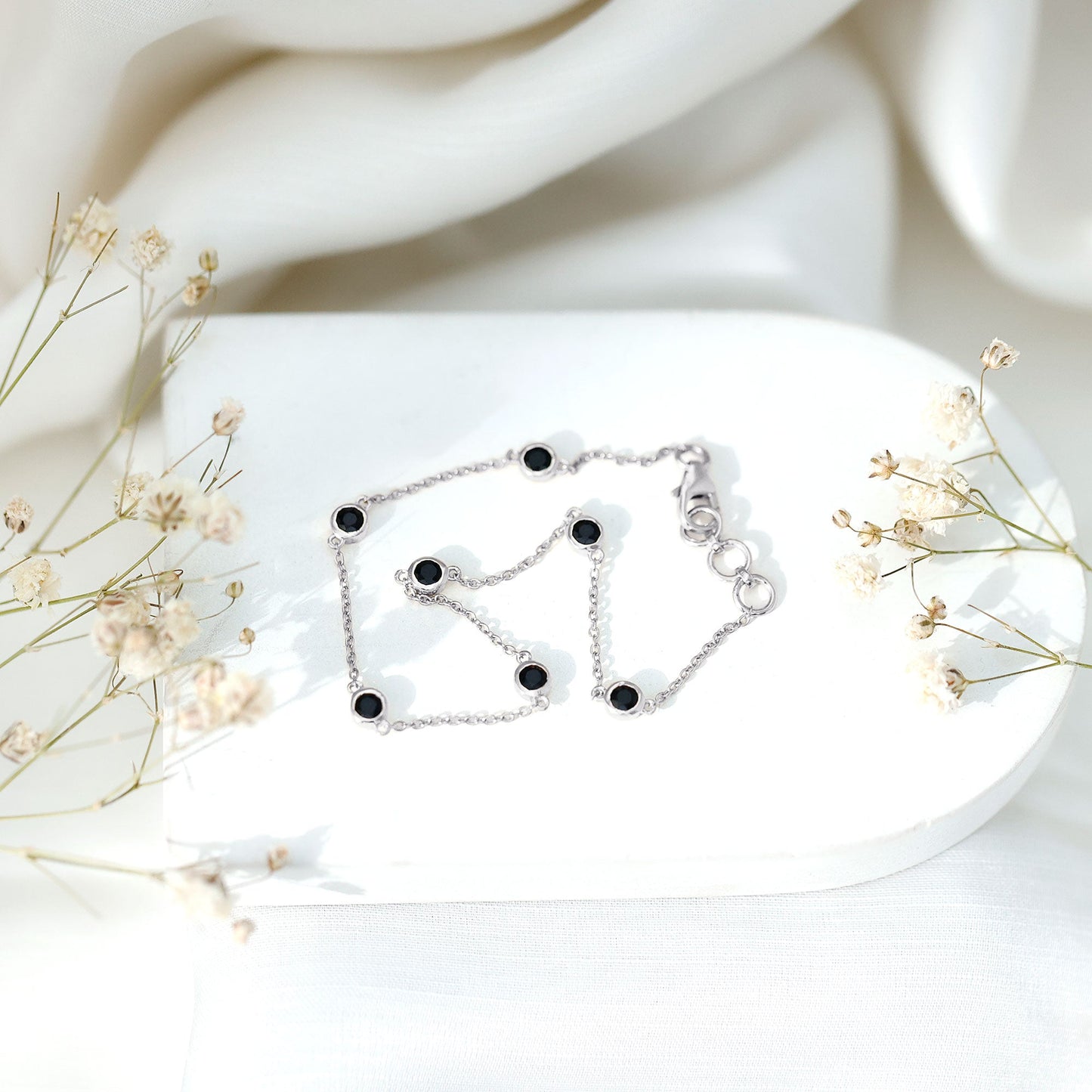 Natural Black Spinel 7 Stone Station Chain Bracelet