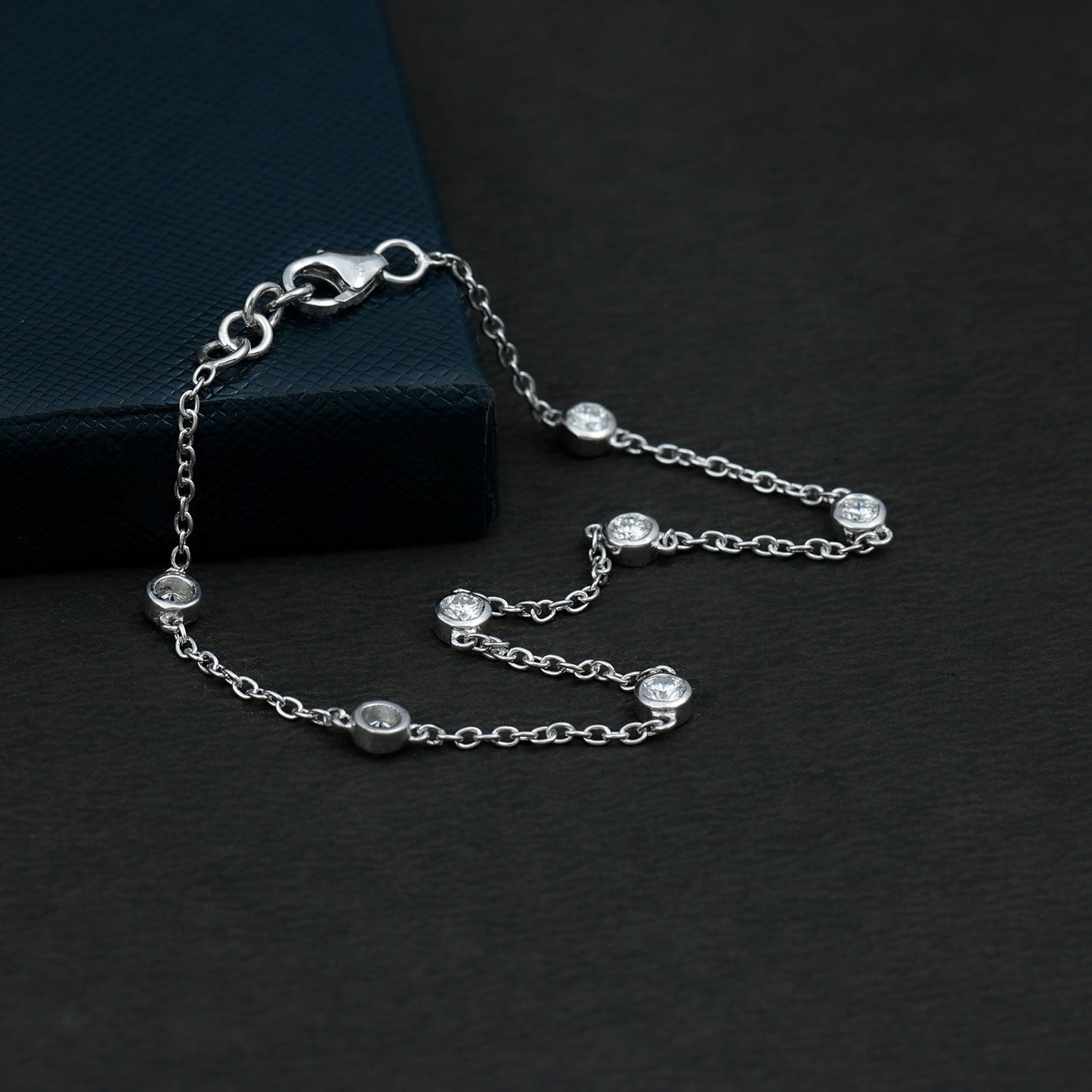 Bezel Set Moissanite Station Bracelet in Silver for Women