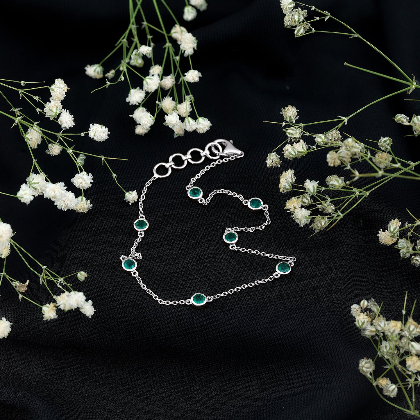 Bezel Set Emerald Station Chain Bracelet for Her
