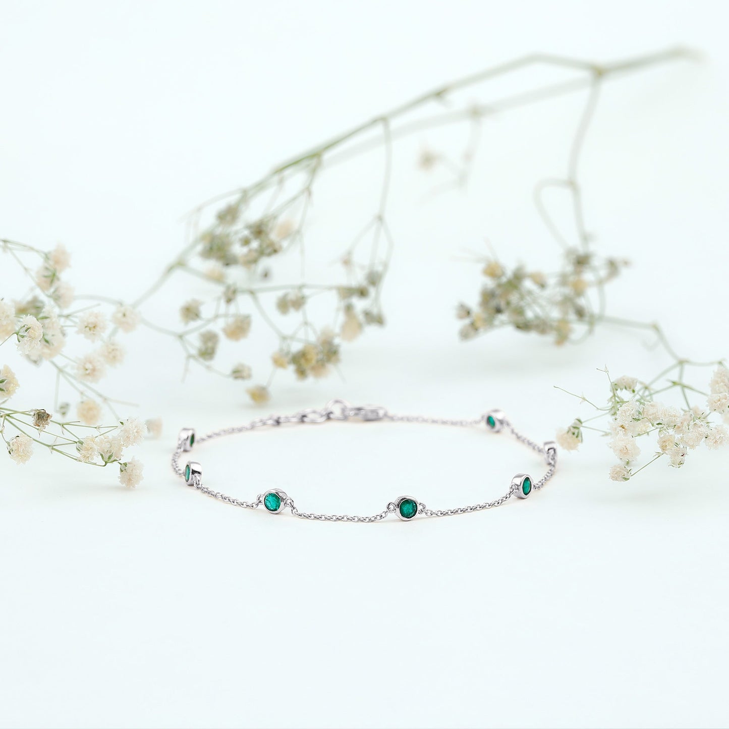 Bezel Set Emerald Station Chain Bracelet for Her