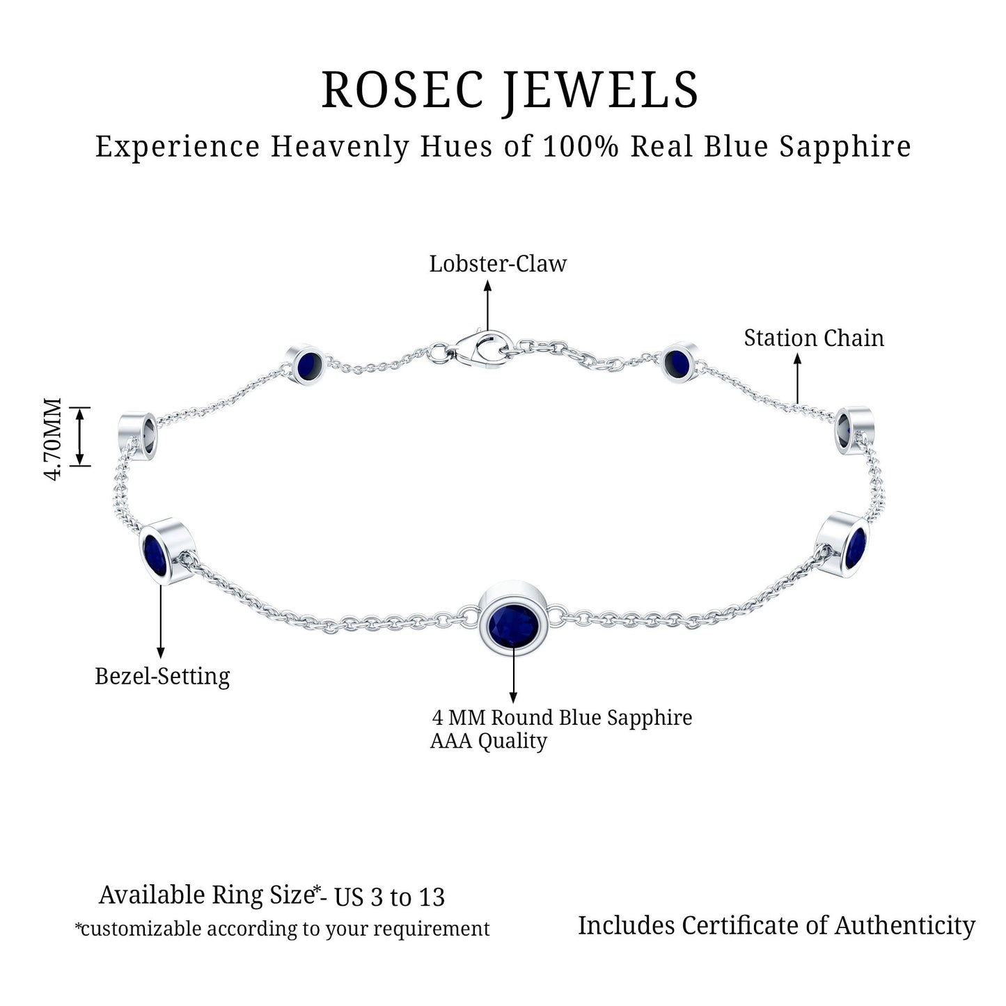 Natural Blue Sapphire 7 Stone Station Chain Bracelet