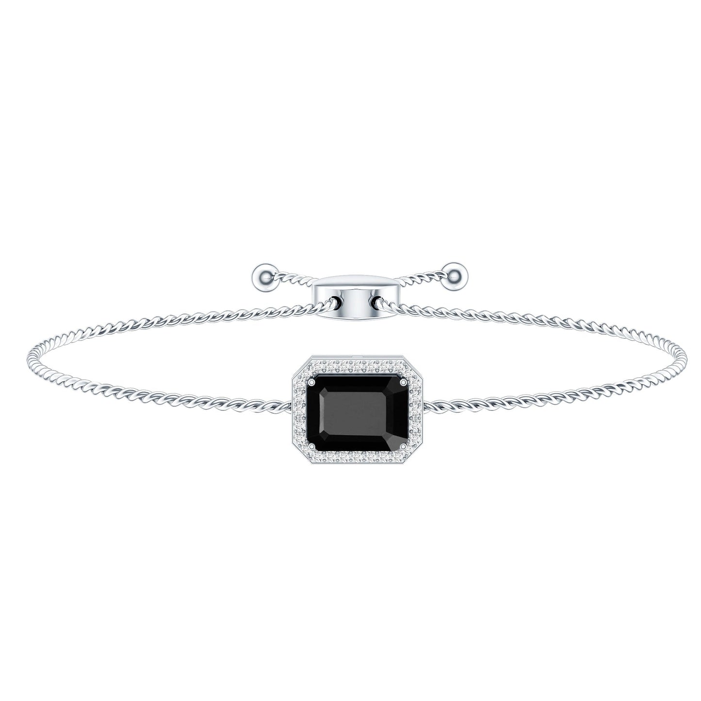 Natural 1.8 Carat Emerald Cut Black Onyx Bolo Bracelet with Diamond Halo