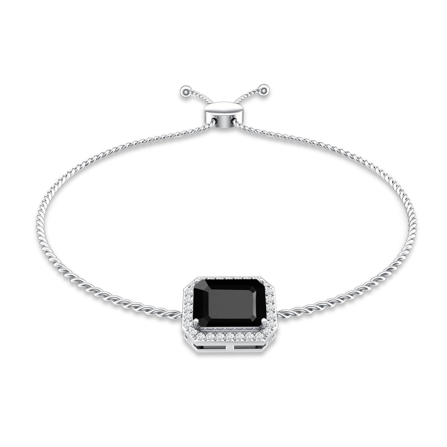 Natural 1.8 Carat Emerald Cut Black Onyx Bolo Bracelet with Diamond Halo