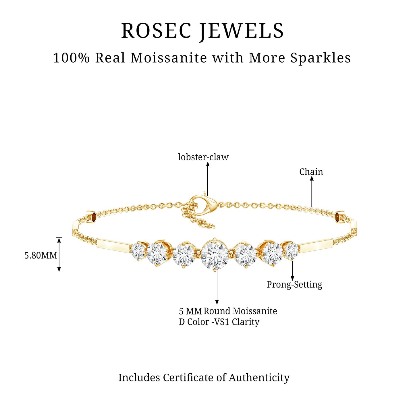 Round Moissanite Link Chain Bracelet for Women
