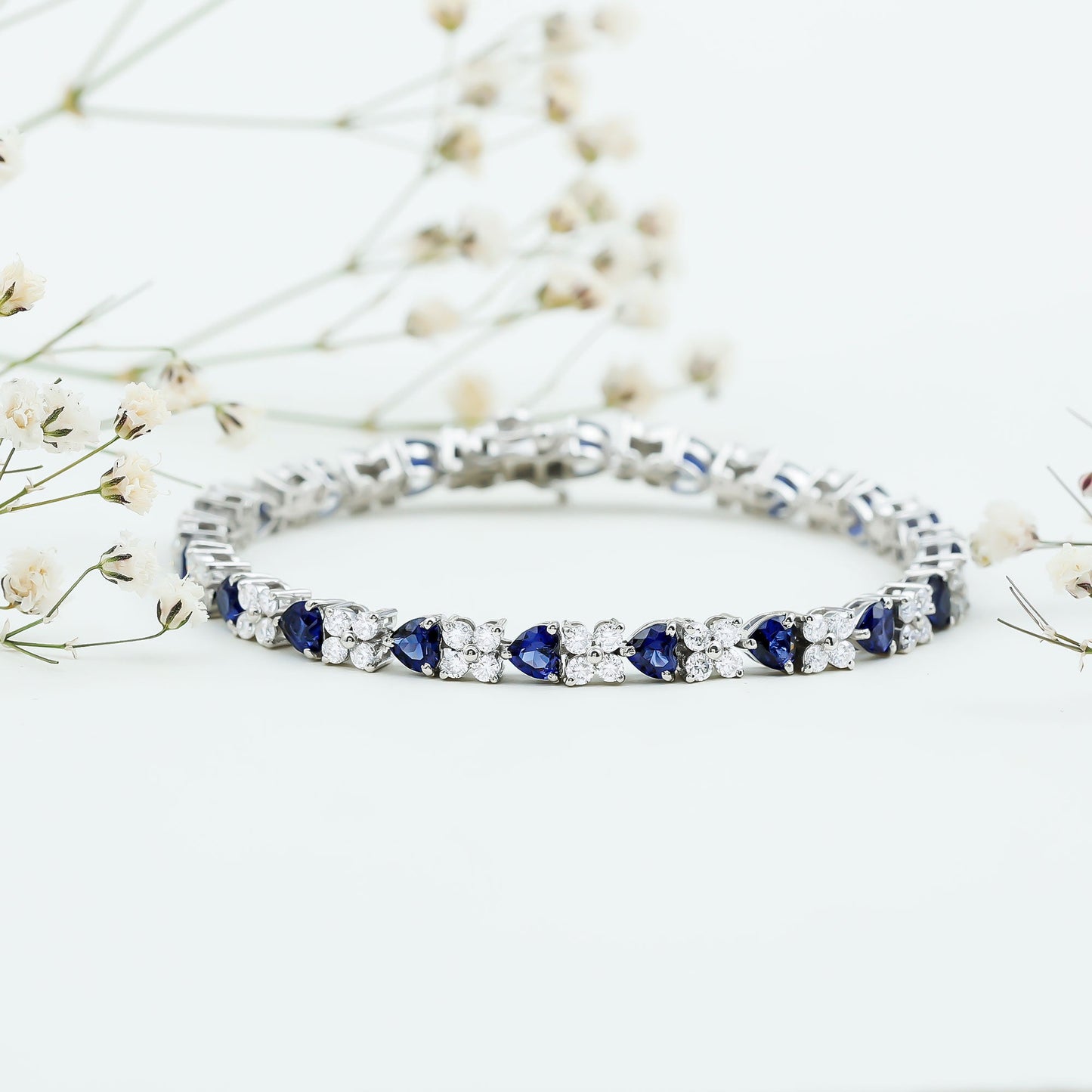 Certified Lab Grown Blue Sapphire Heart Tennis Bracelet with Moissanite