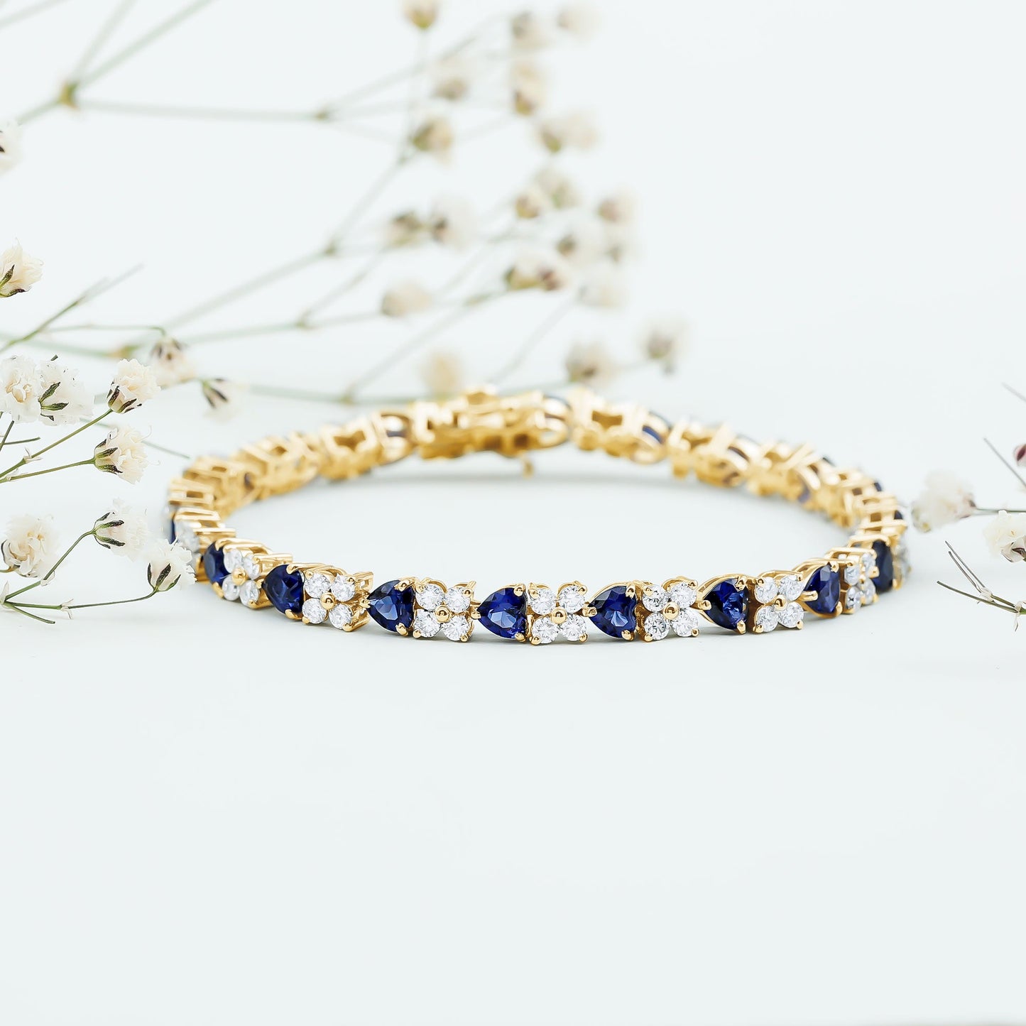 Certified Lab Grown Blue Sapphire Heart Tennis Bracelet with Moissanite