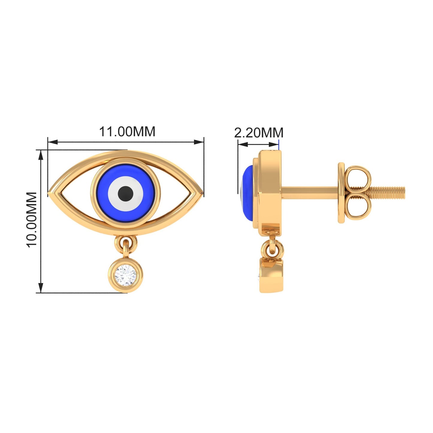 Classic Evil Eye Stud Earrings with Moissanite Drop in Bezel Setting