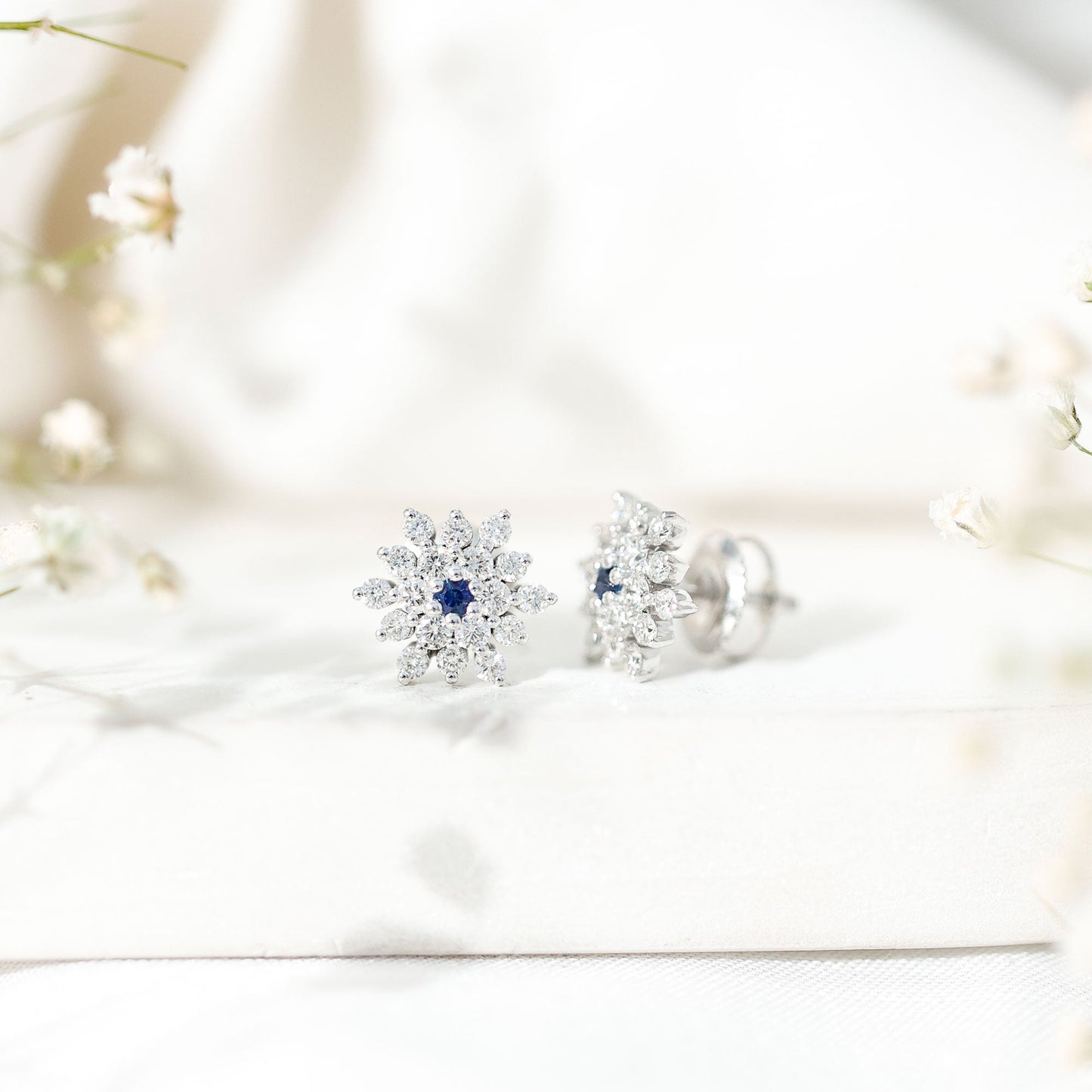 Real Blue Sapphire and Diamond Floral Cluster Stud Earrings