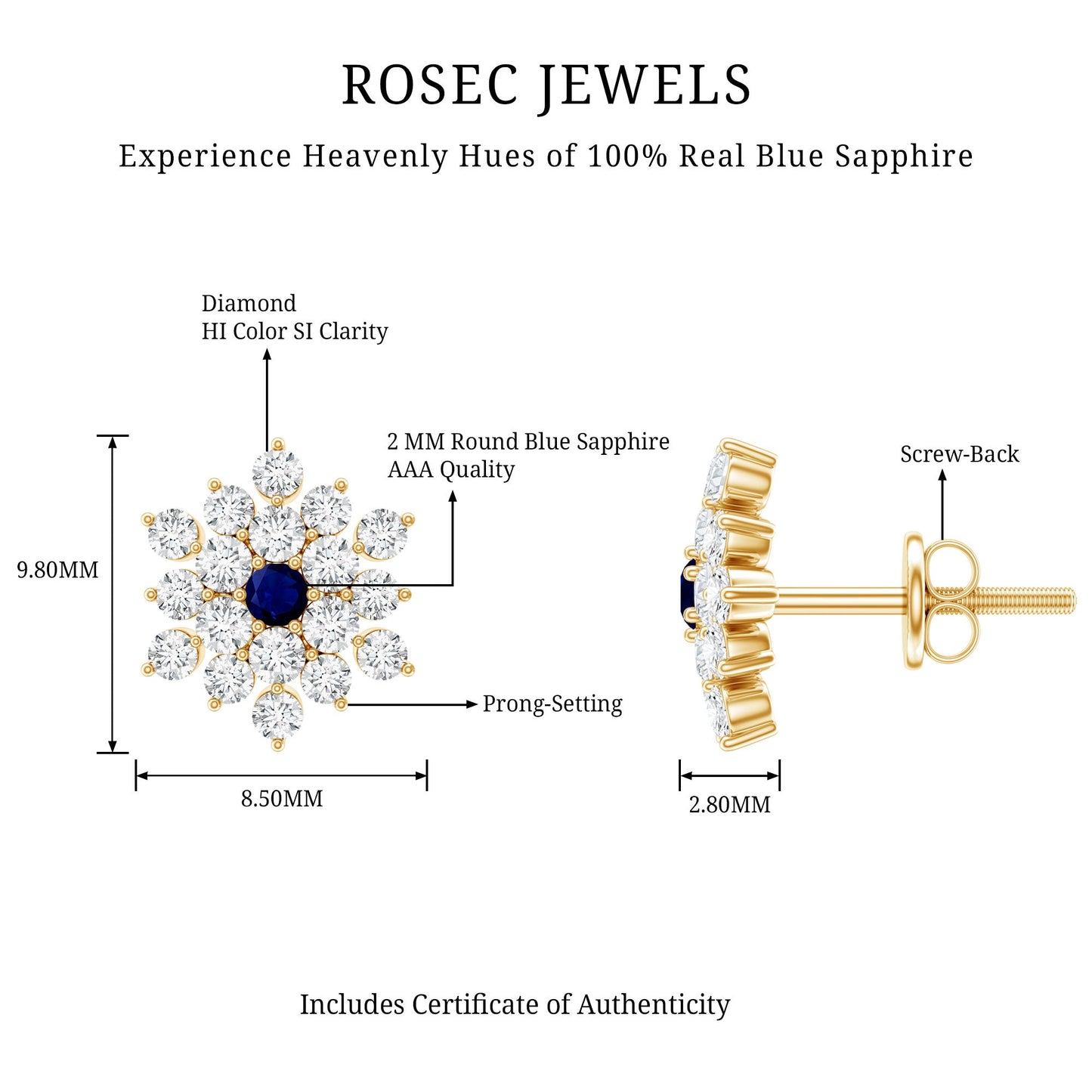 Real Blue Sapphire and Diamond Floral Cluster Stud Earrings