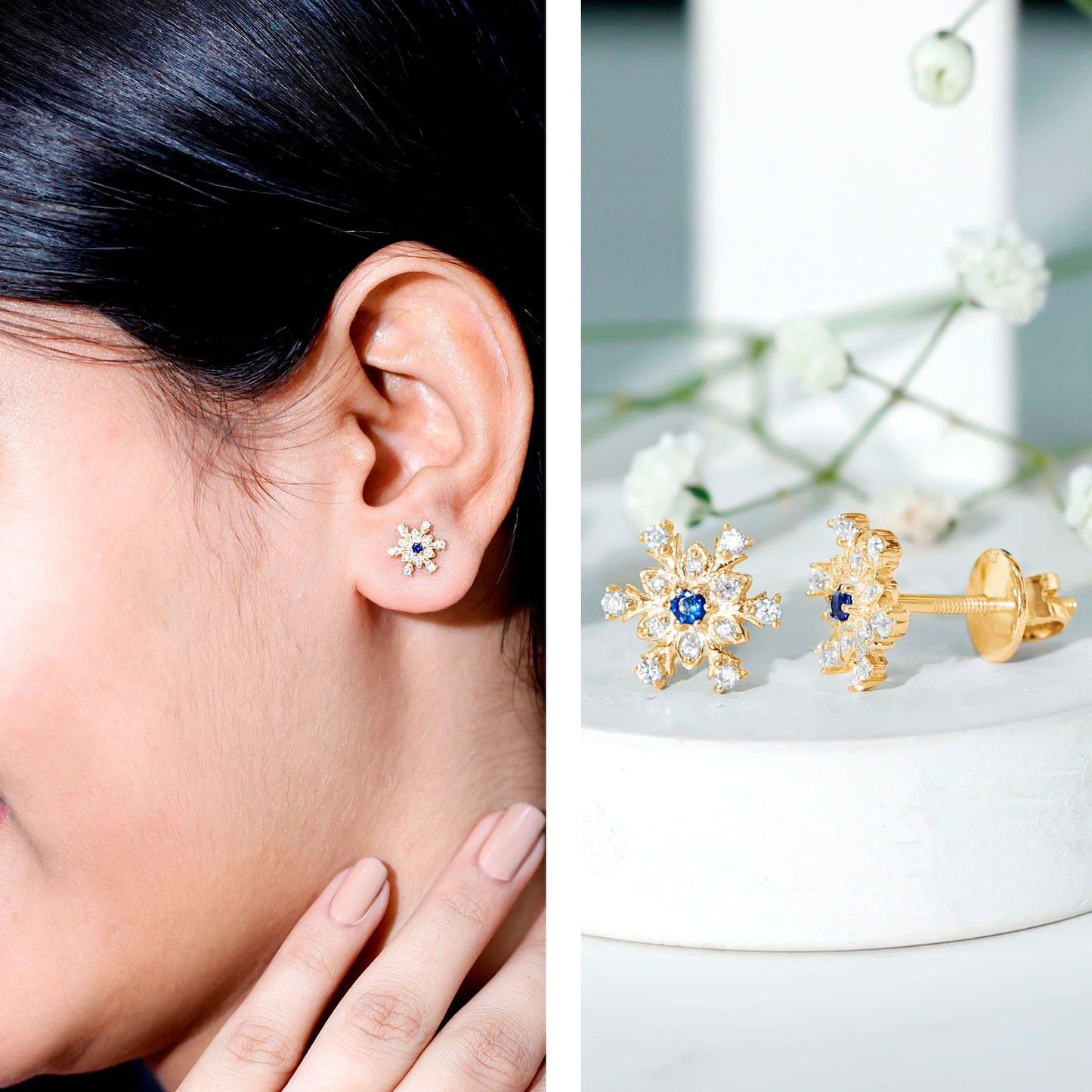 Created Blue Sapphire Snowflake Stud Earrings with Moissanite
