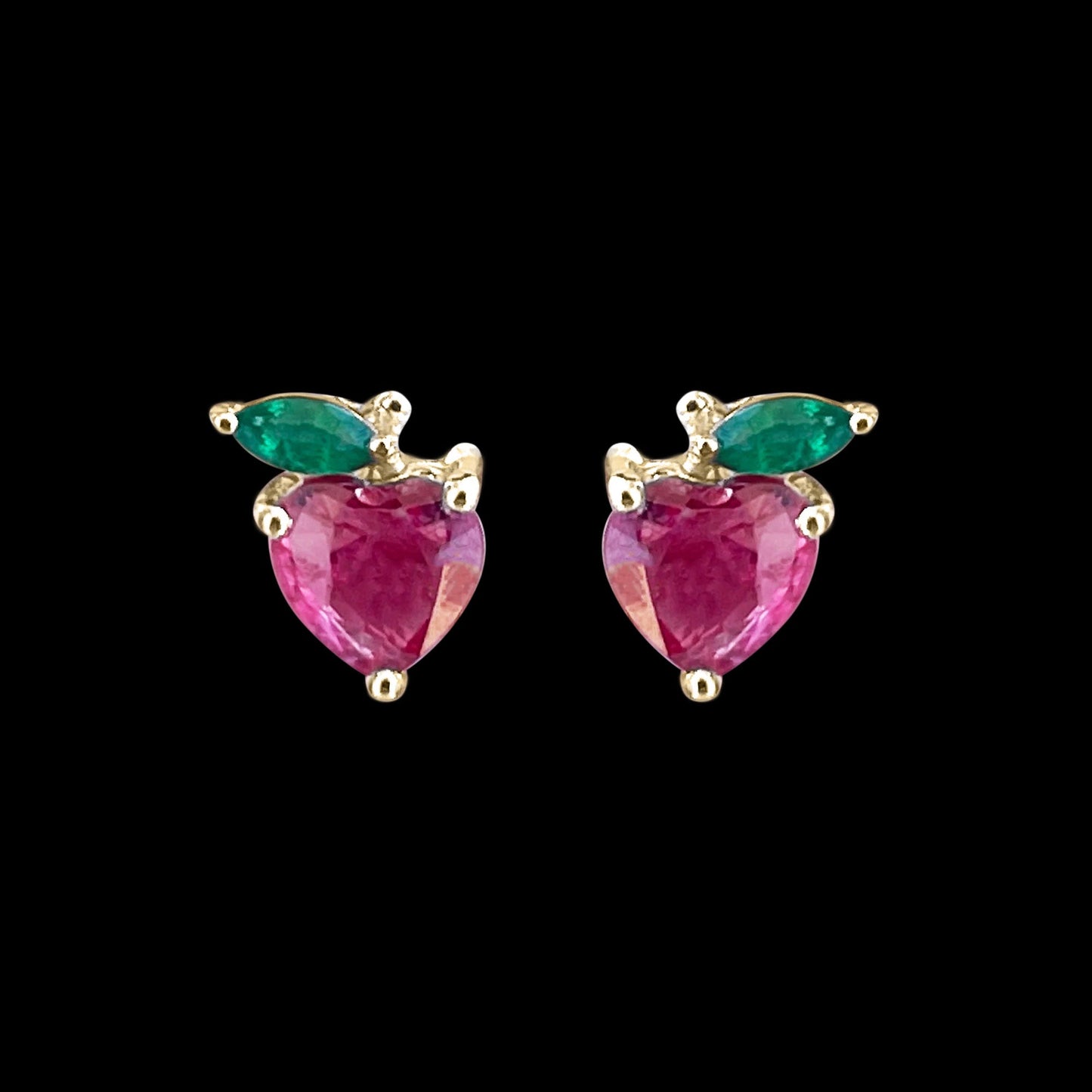 Heart Shape Ruby Strawberry Stud Earrings with Emerald