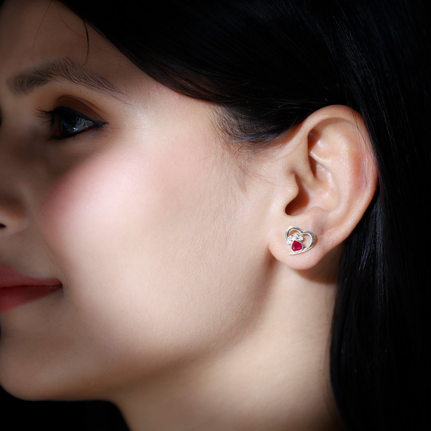 Cute Heart Paw Stud Earrings with Ruby and Diamond