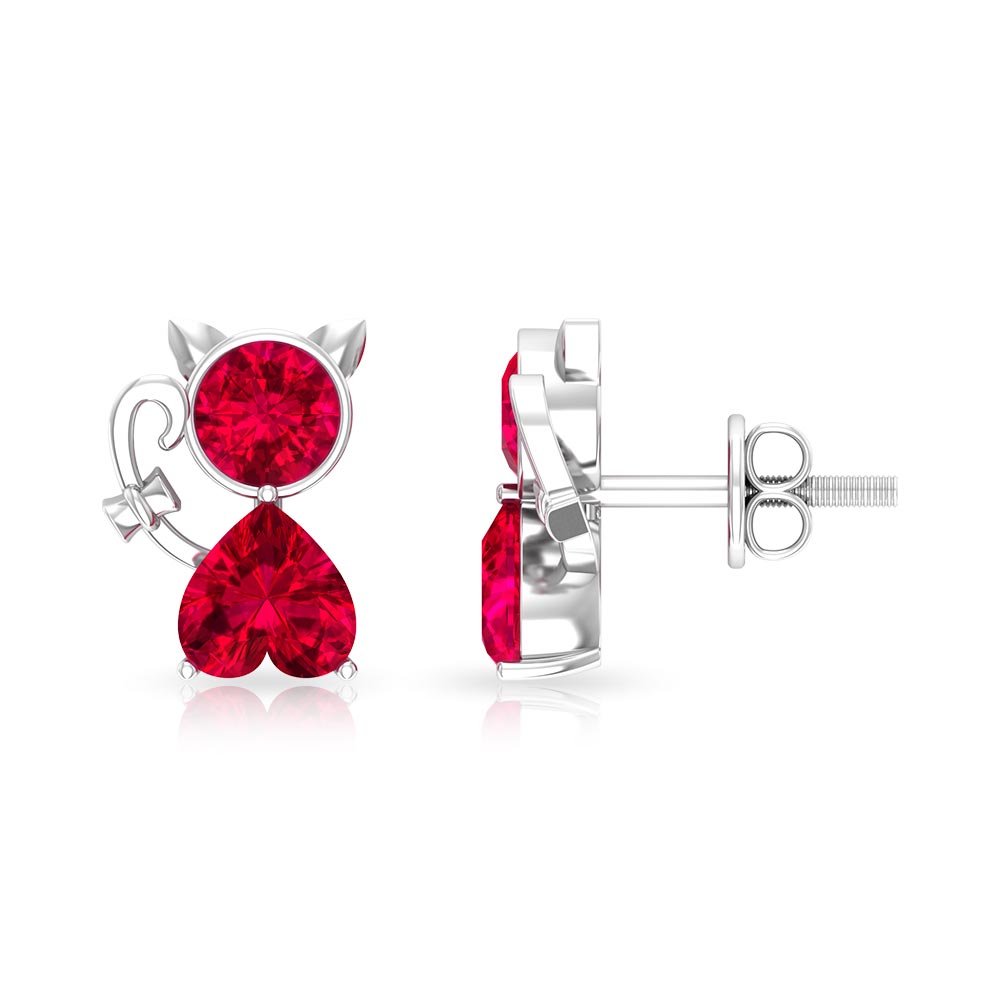 Kitty Stud Earrings with Round and Heart Shape Created Ruby